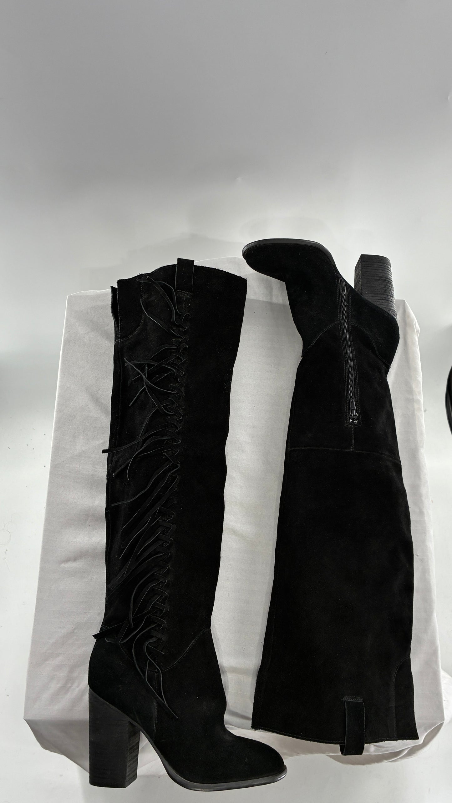 Vintage CARLOS SANTANA Genuine Suede Leather Thigh High Tassel, Fringe Side Boots (7.5)