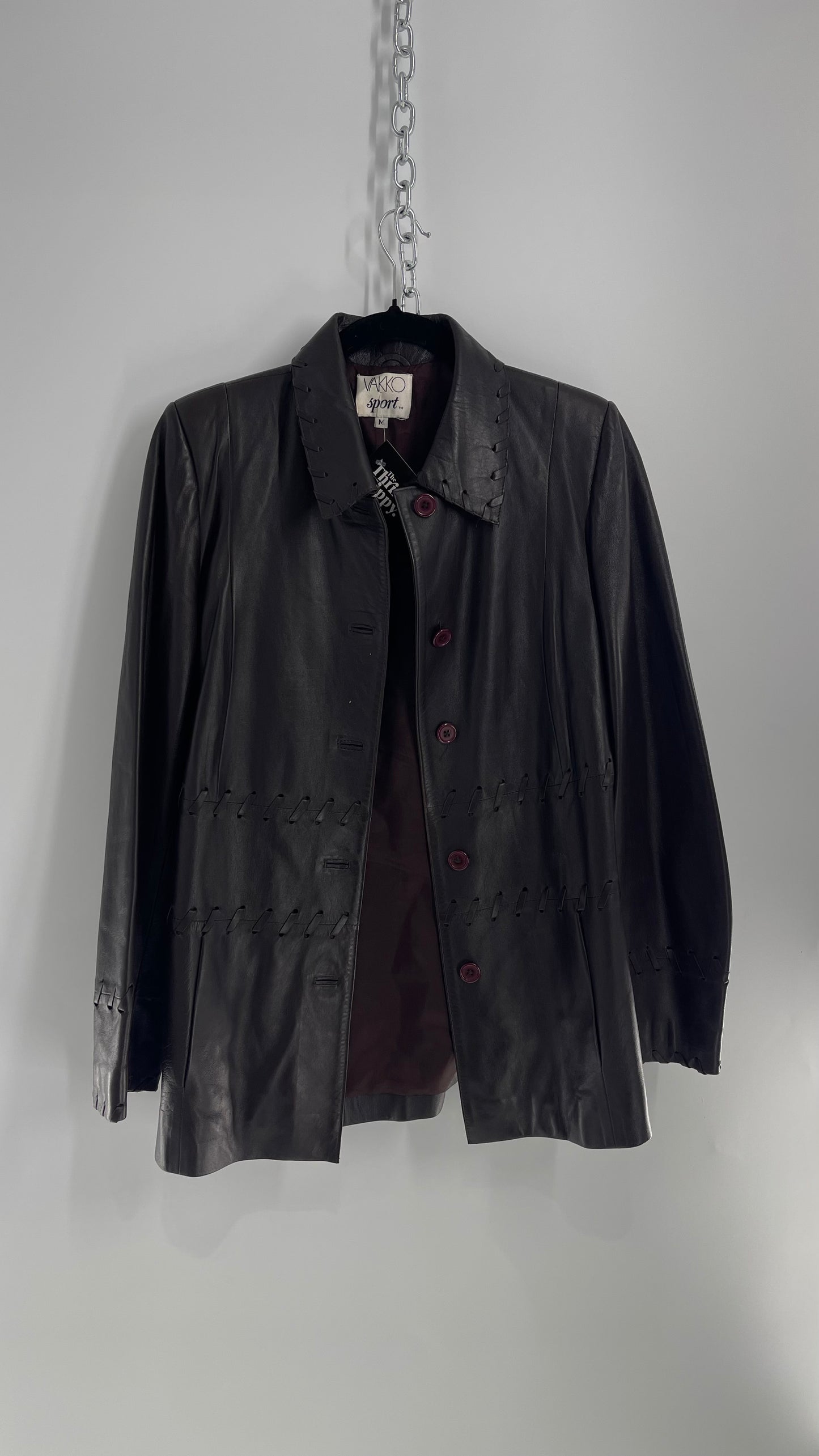 Vintage 1990s VAKKO Brown Leather Jacket with Leather Stitching (Medium)