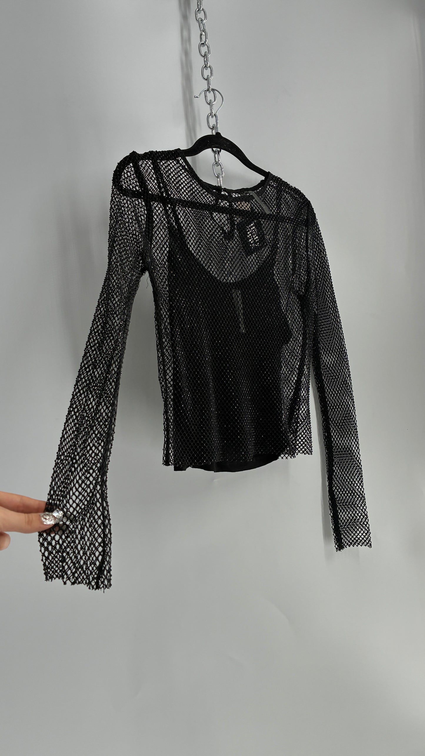 Anthropologie Black Rhinestone Heavy Mesh Long Sleeve with Camisole (Small)