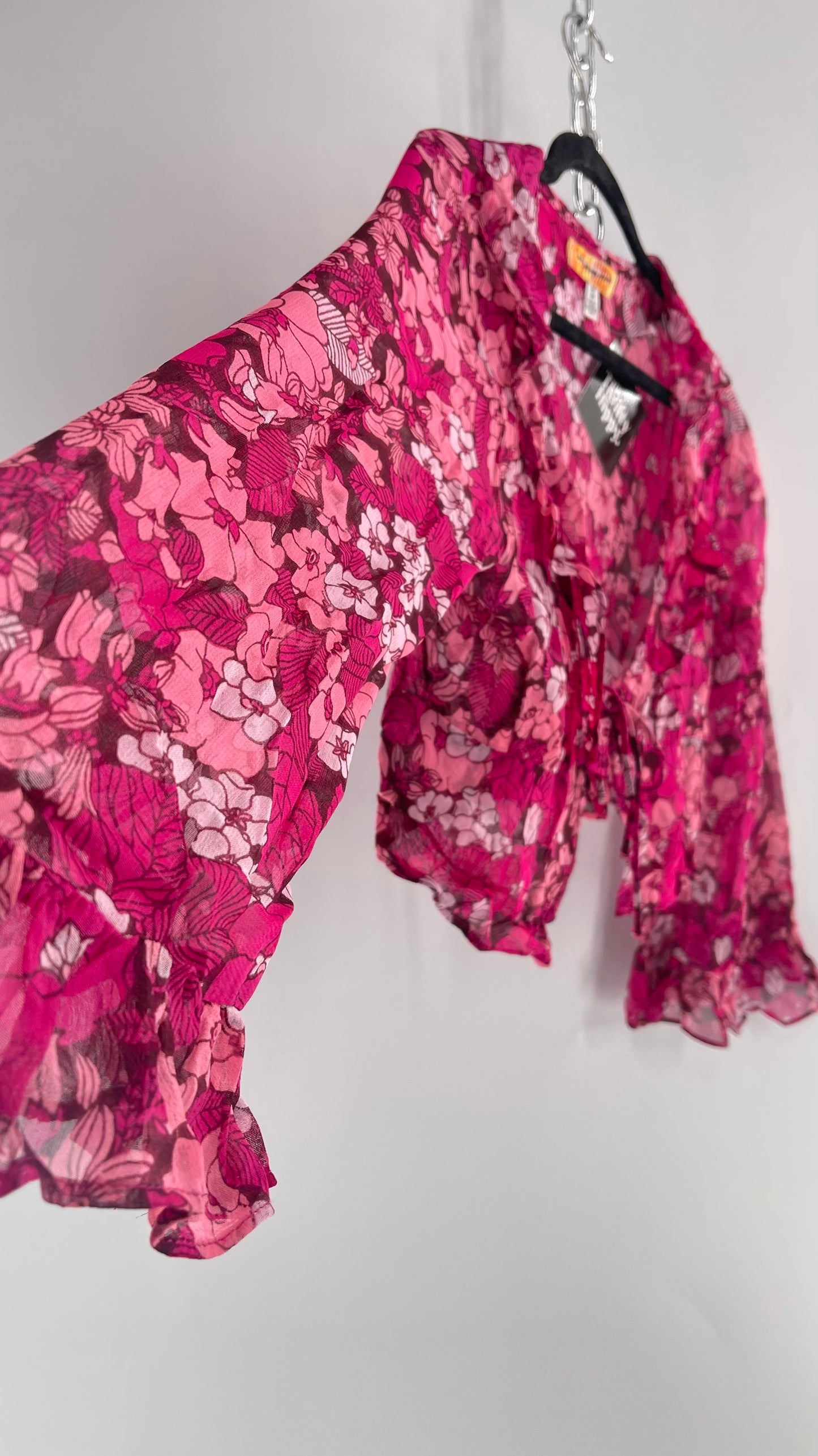 Urban Outfitters Fuchsia 100% Viscose Floral Tie Front, Ruffled Blouse