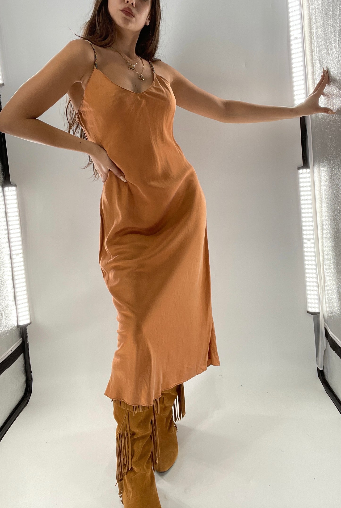DIANE GILMAN 100% Silk Terracotta Clay Toned Tan Dress (Medium)