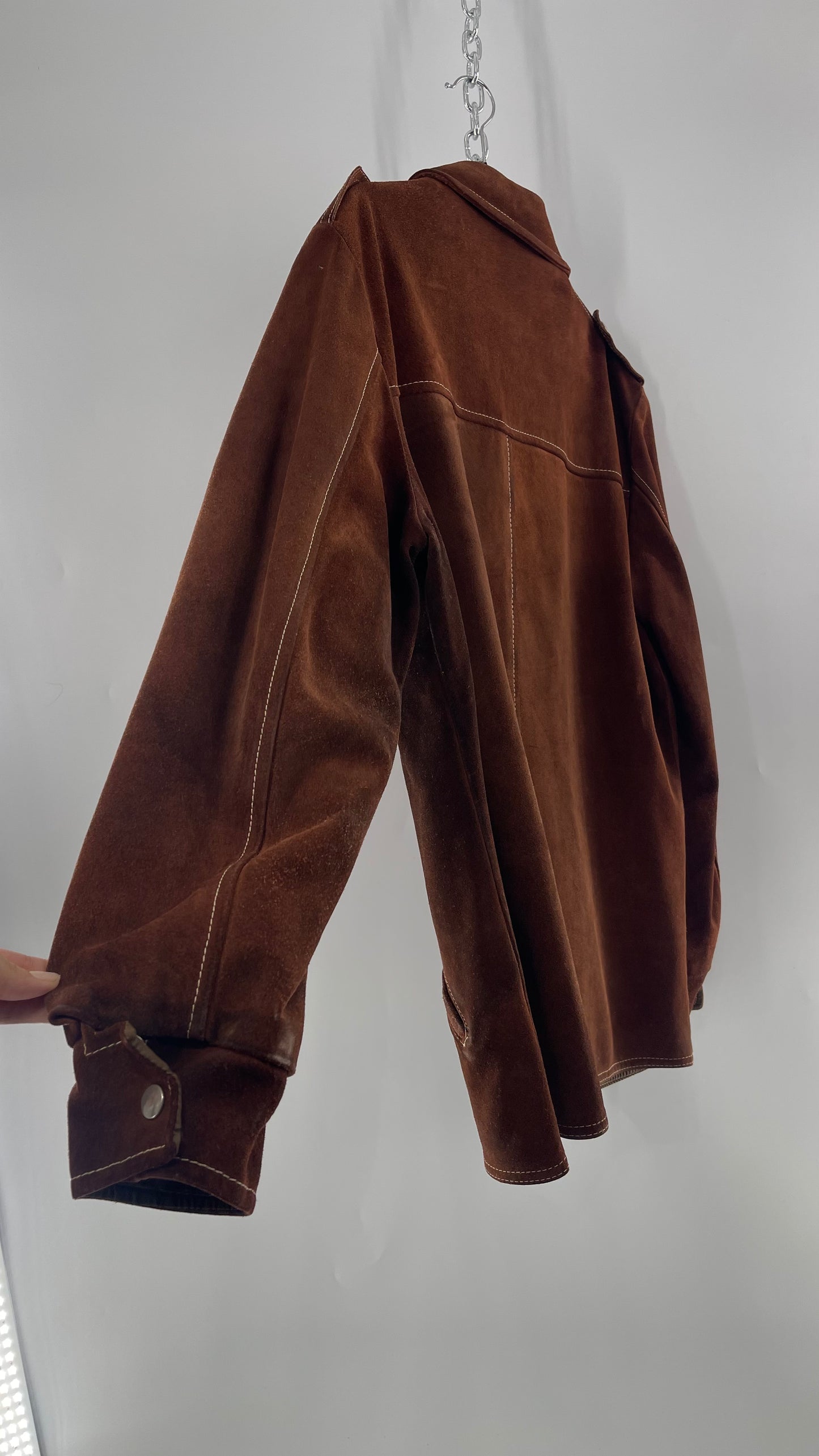 Vintage Brown Suede Jacket with Contrast White Stitching (C)(Large)