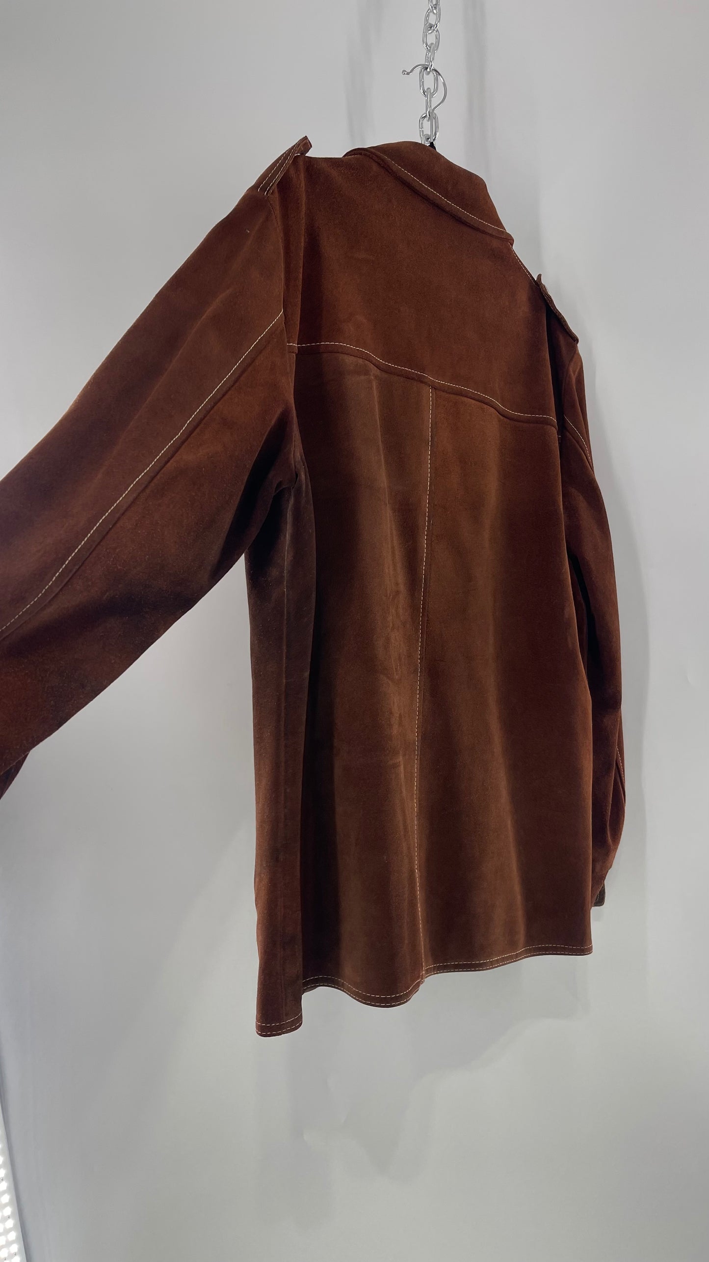 Vintage Brown Suede Jacket with Contrast White Stitching (C)(Large)