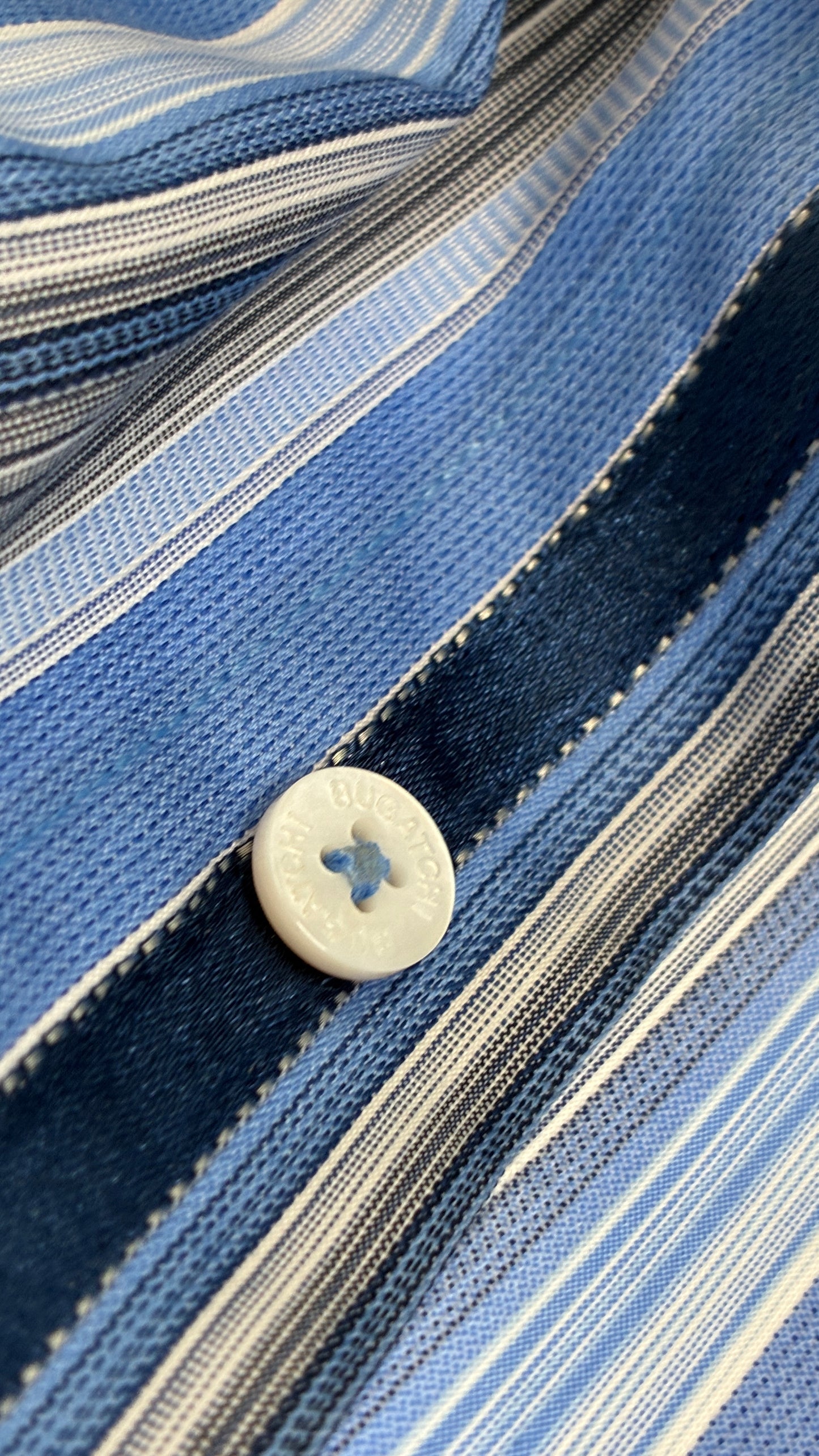 Vintage 1990s Bugatchi Men’s Blue Striped Button Up with Paisley Cuffs (Large)