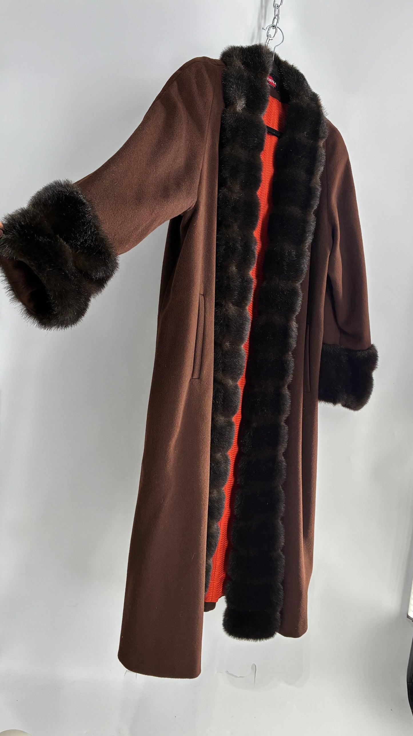 Vintage ALORNA Brown 75% Wool Duster, Full Length Coat with Vegan Fur Pom Pom Trim (12)