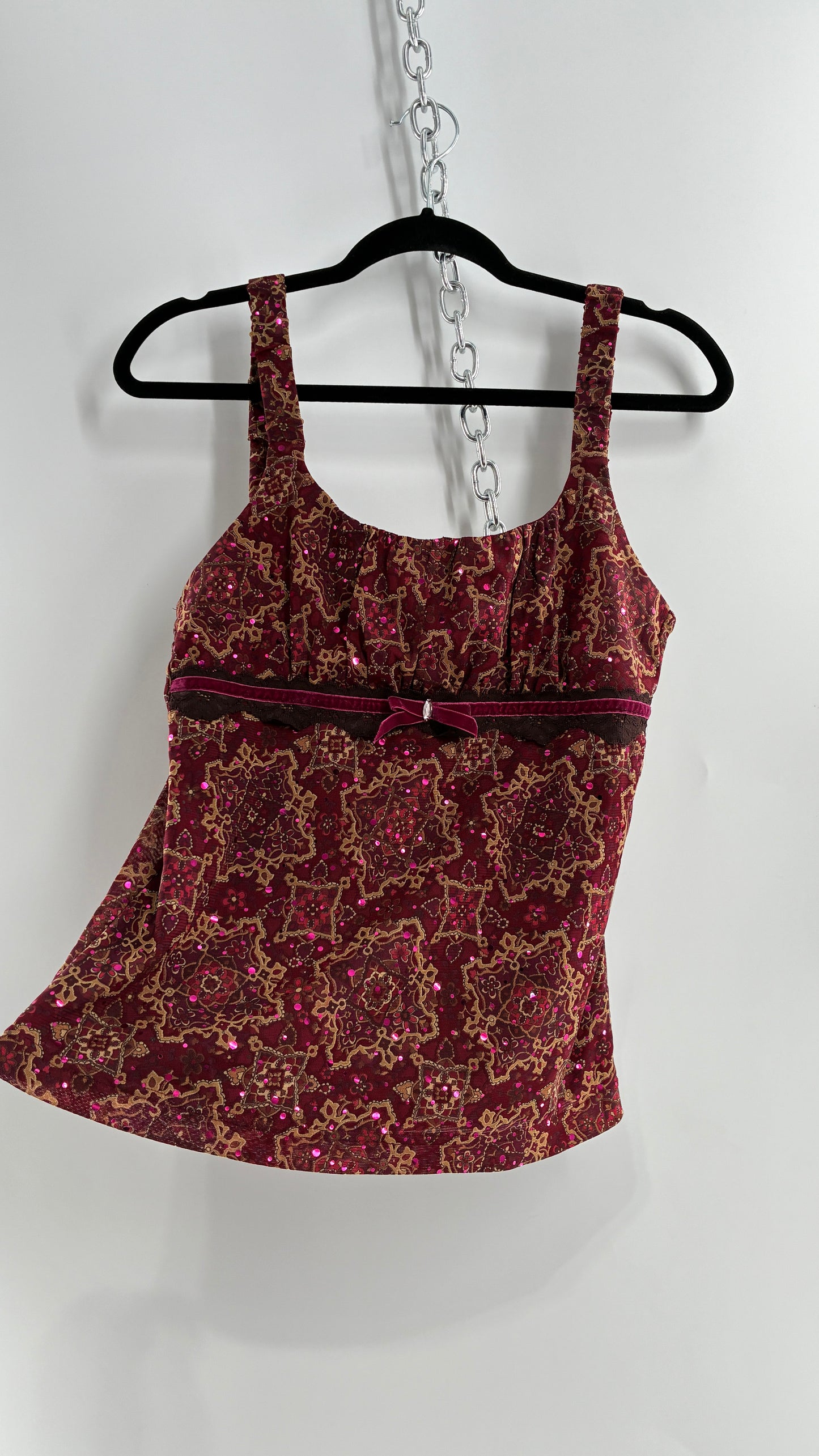 Vintage SELF ESTEEM Maroon Camisole with Sequins, Ruched Bust, and Velvet Ribbon Detail (Large)