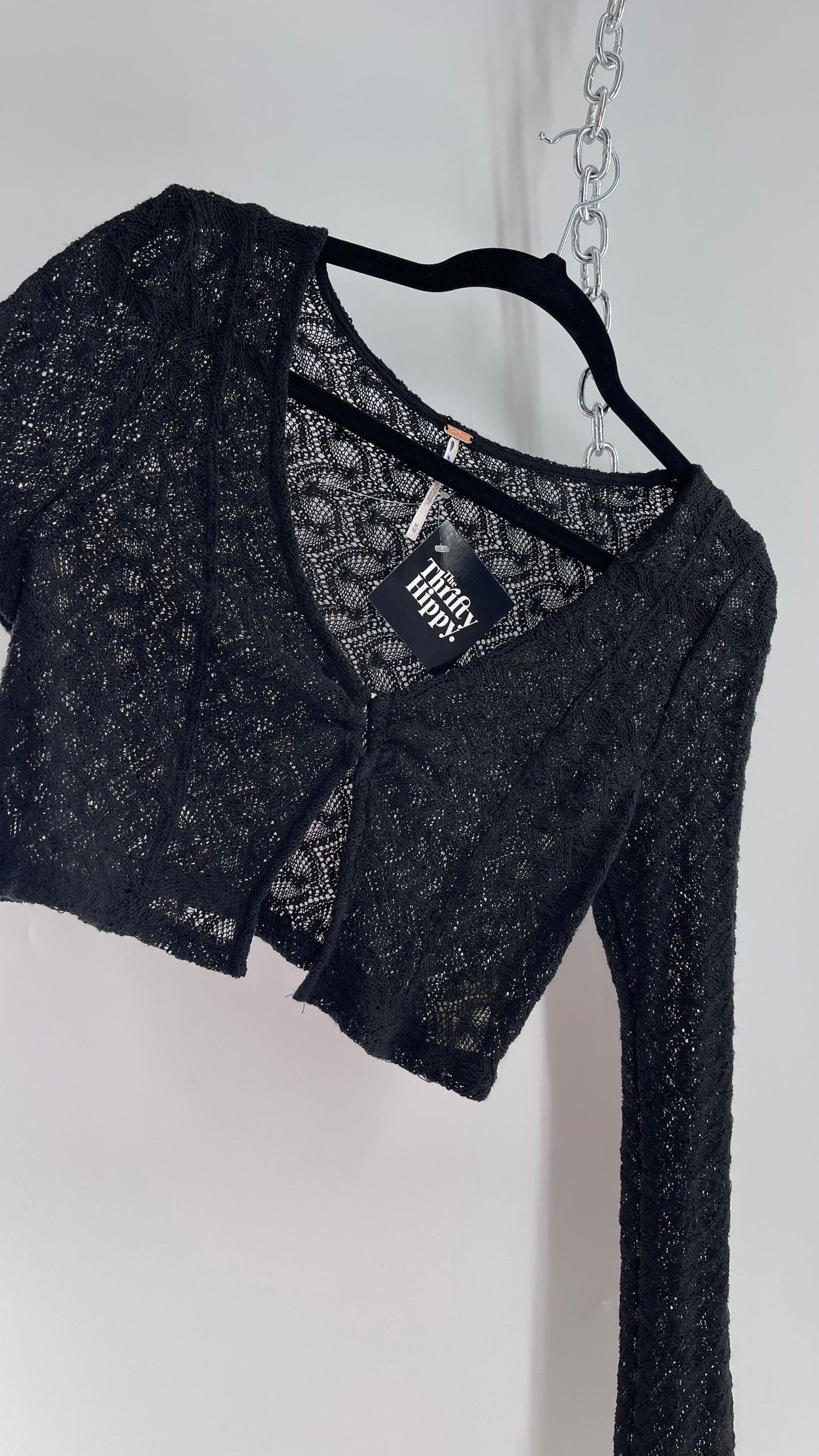 Free People Black Knit Lace/Crochet Like Cropped Long Sleeve with Metal Buckle Bust (Medium)