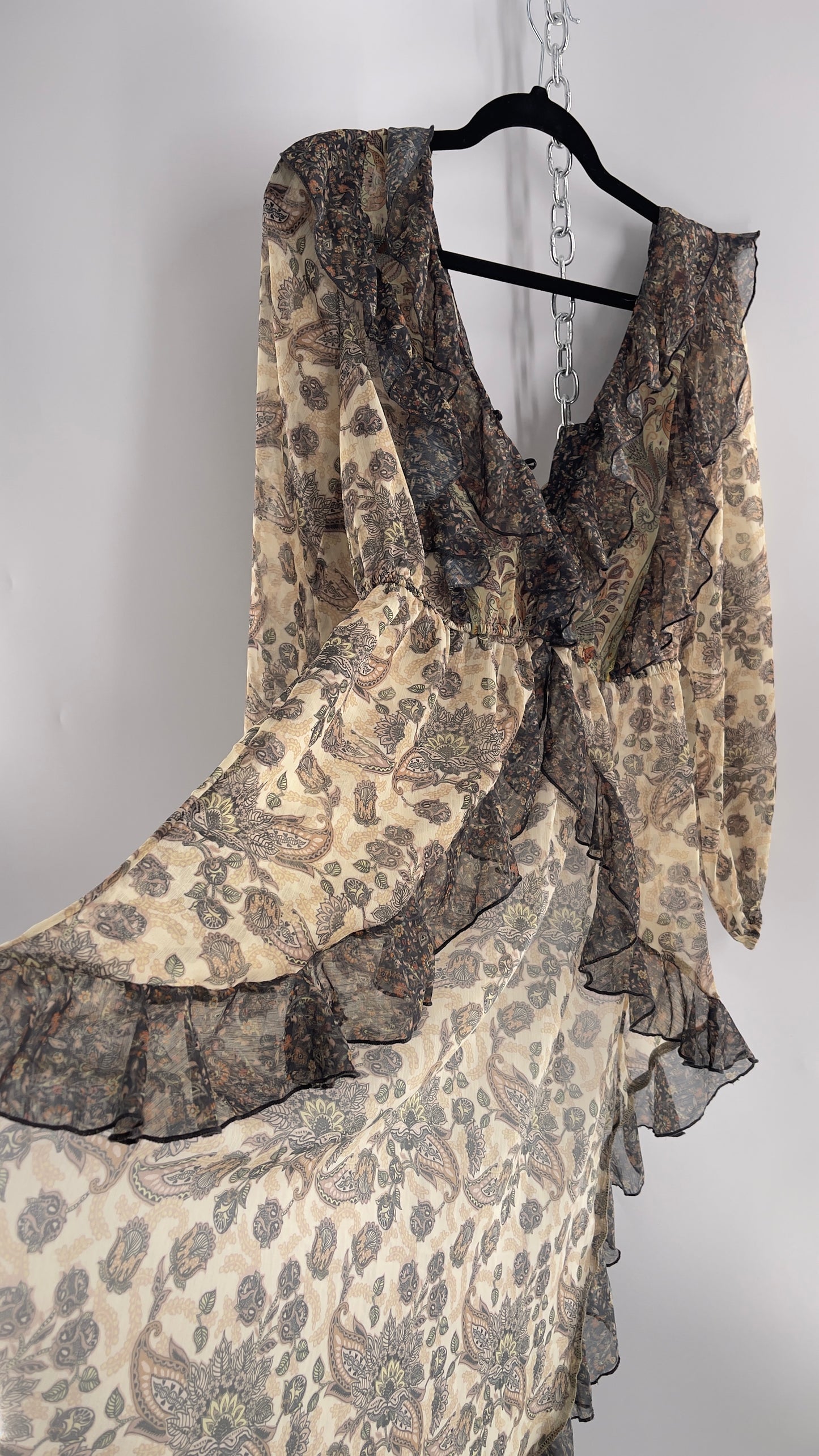 Free People Let Me Be Paisley Dual Toned High Low Sweeping Cape with Ruffled Bust and Hemline with Tags Attached (Small)