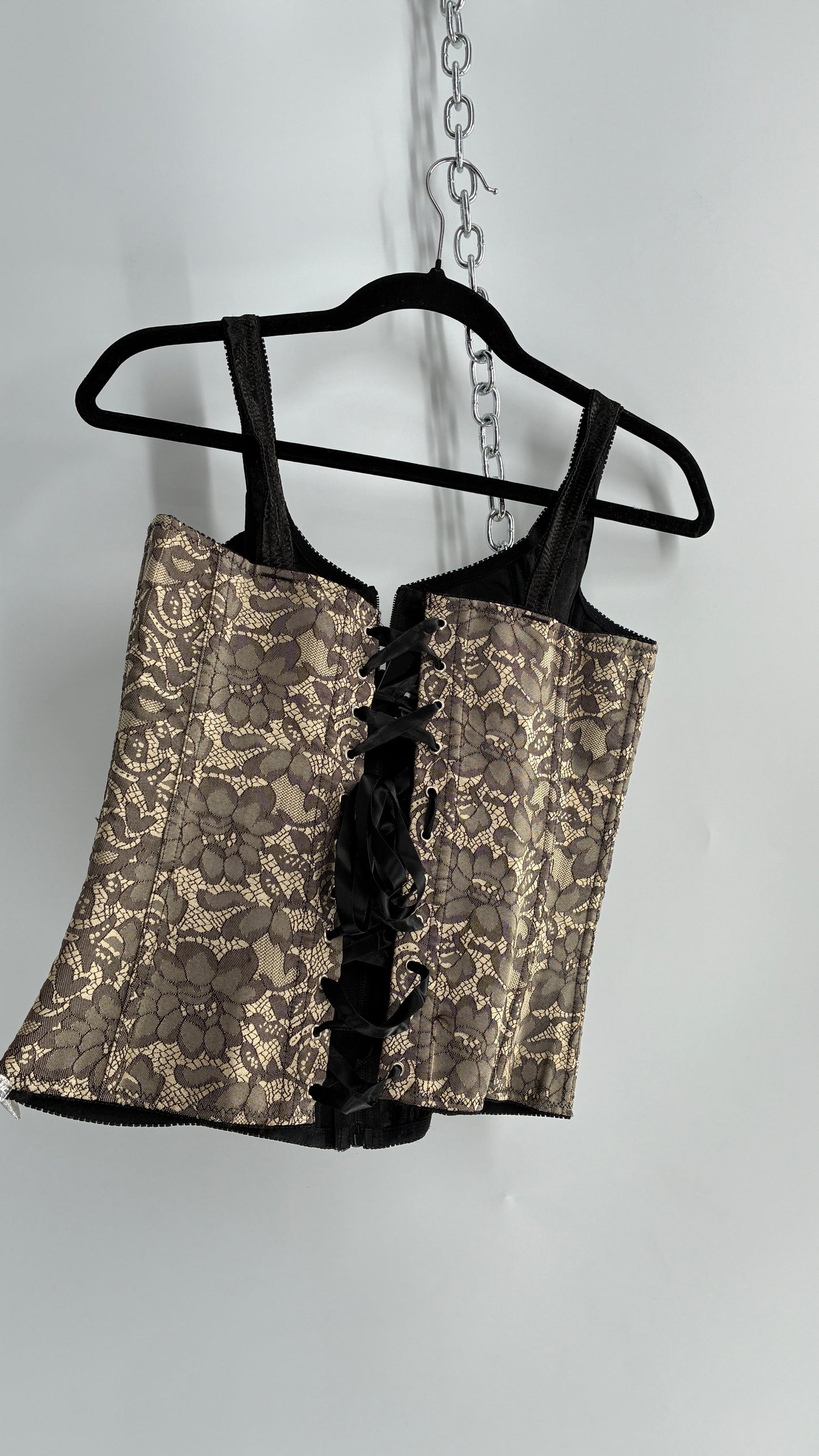Vintage Zip Front, Tie Back Nude Lace Corset with Black Satin Paneling (Medium)