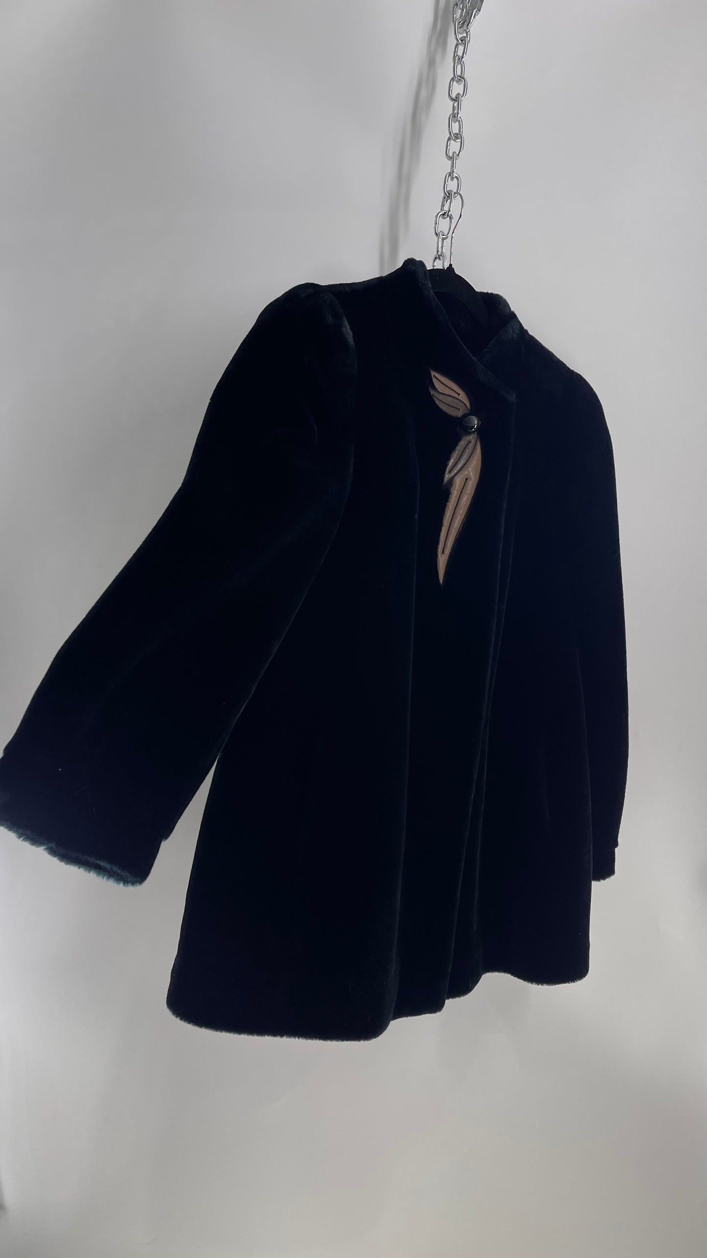 Vintage SASSON Black Faux Fur Coat with Embroidered Leather Patch Detail (Small)