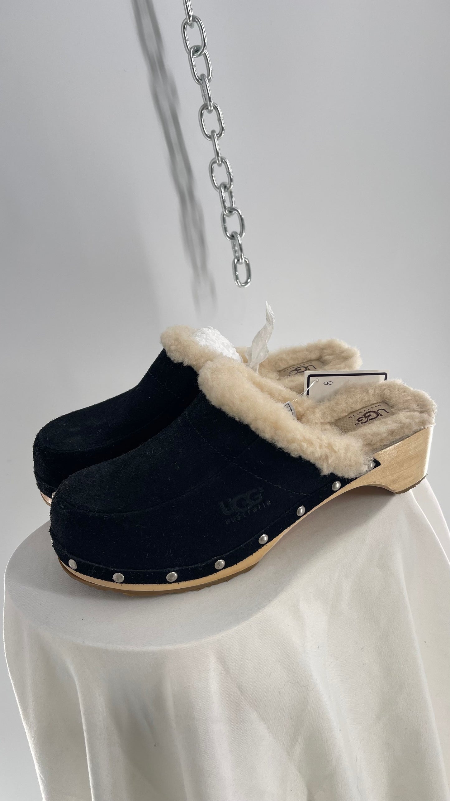 UGG Vintage Side Studded Black Suede Fur Lined Wooden Clog (8)