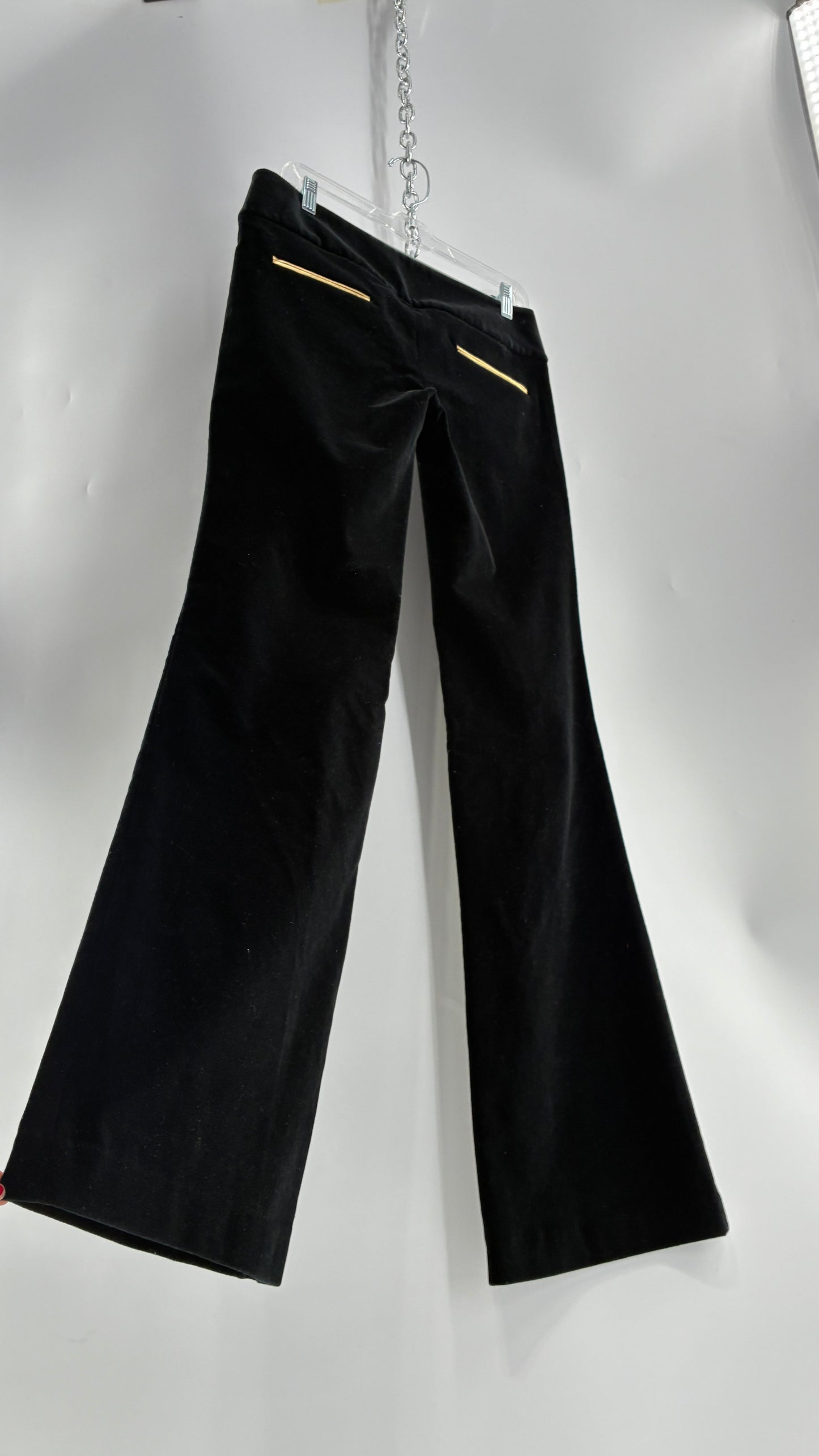 Vintage Alice + Olivia Thick Black Velour Low Rise Kickflare Pants with Thick Waistband with Gold Coin Detailing (6)