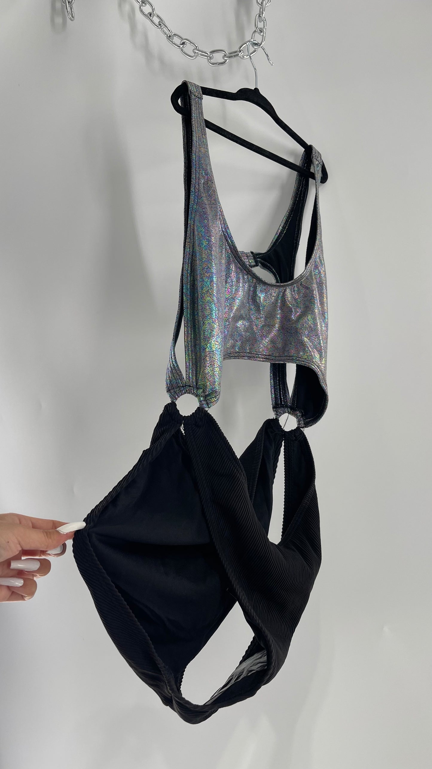Urban Outfitters Out From Under Bathing Suit Metallic Gas Spill Top and Ribbed Black Bottom Connected by Rings (Large)