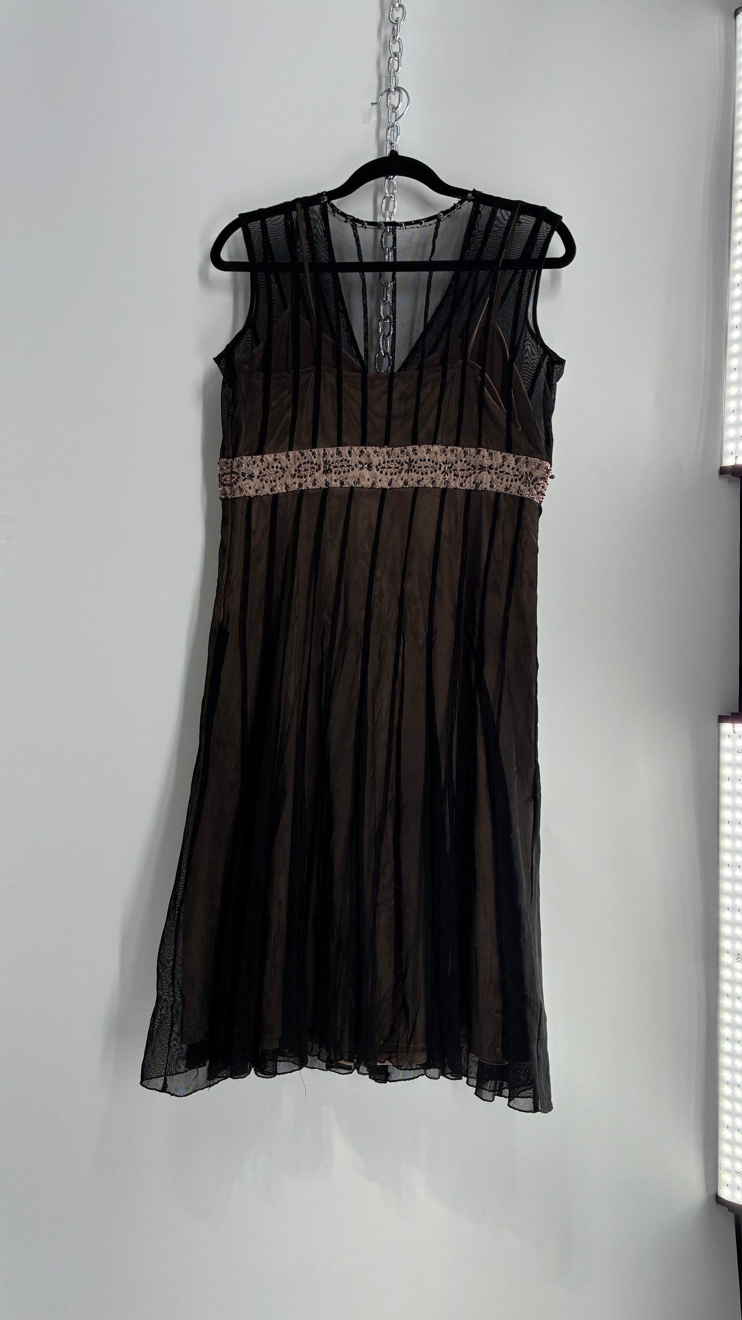 ECI NEW YORK Nude Camisole Dress with Black Mesh Overlay and Beaded Details (8)