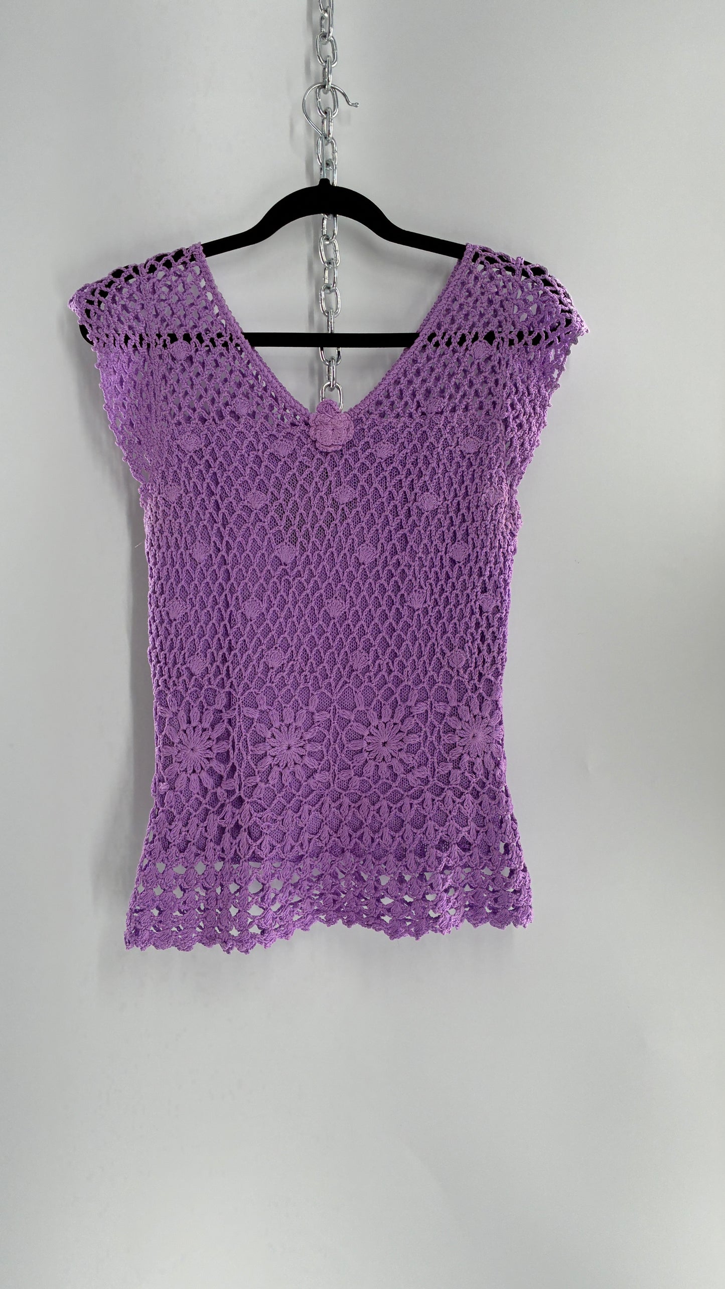 Vintage Lilac/Lavender Handmade Crochet Short Sleeve Double Layered Blouse with Rosette (S/M, stretchy)