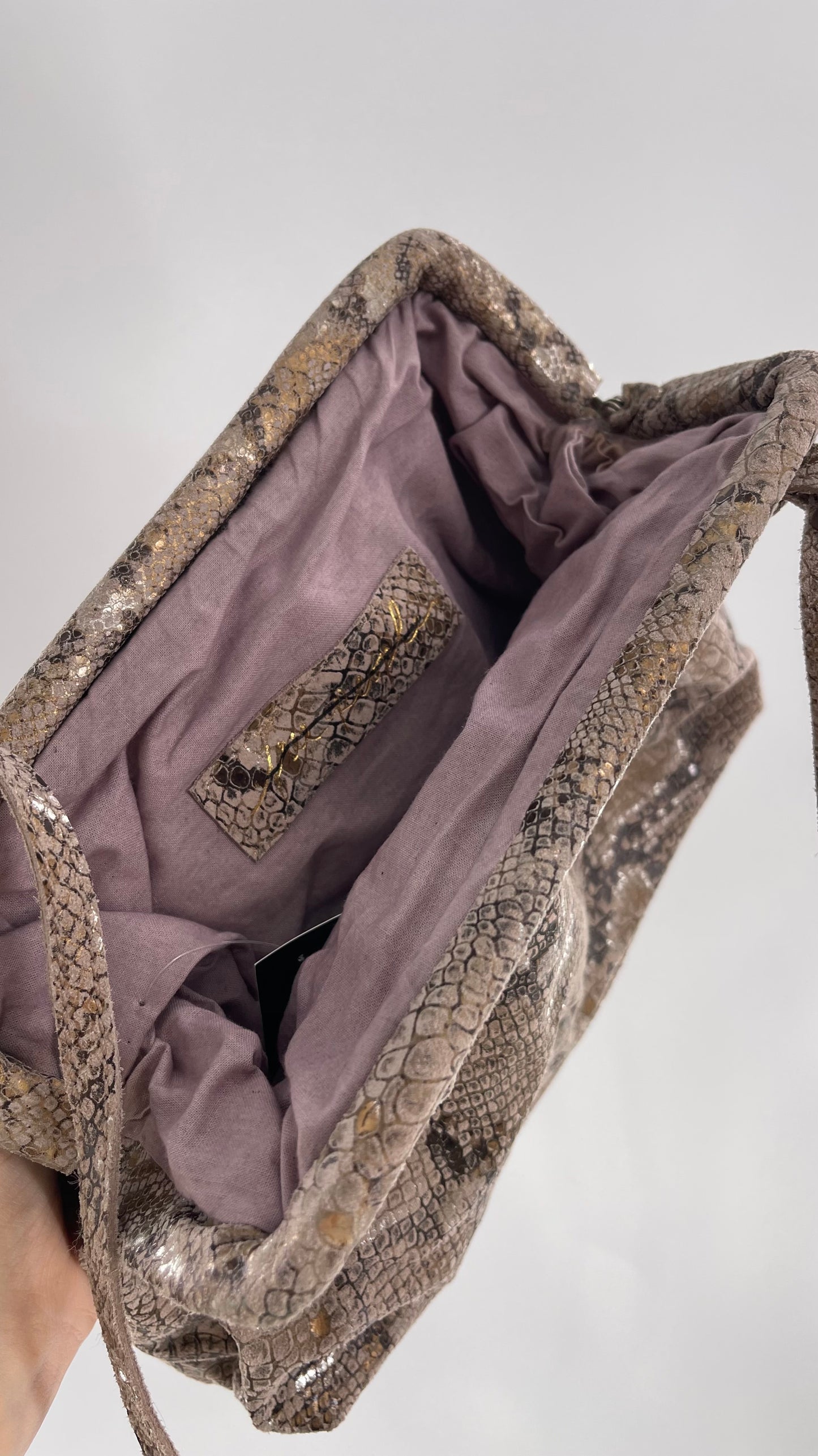 Free People Genuine Leather Clutch and Shoulder Bag Snake Print with Reflective Silver and Gold Flecks
