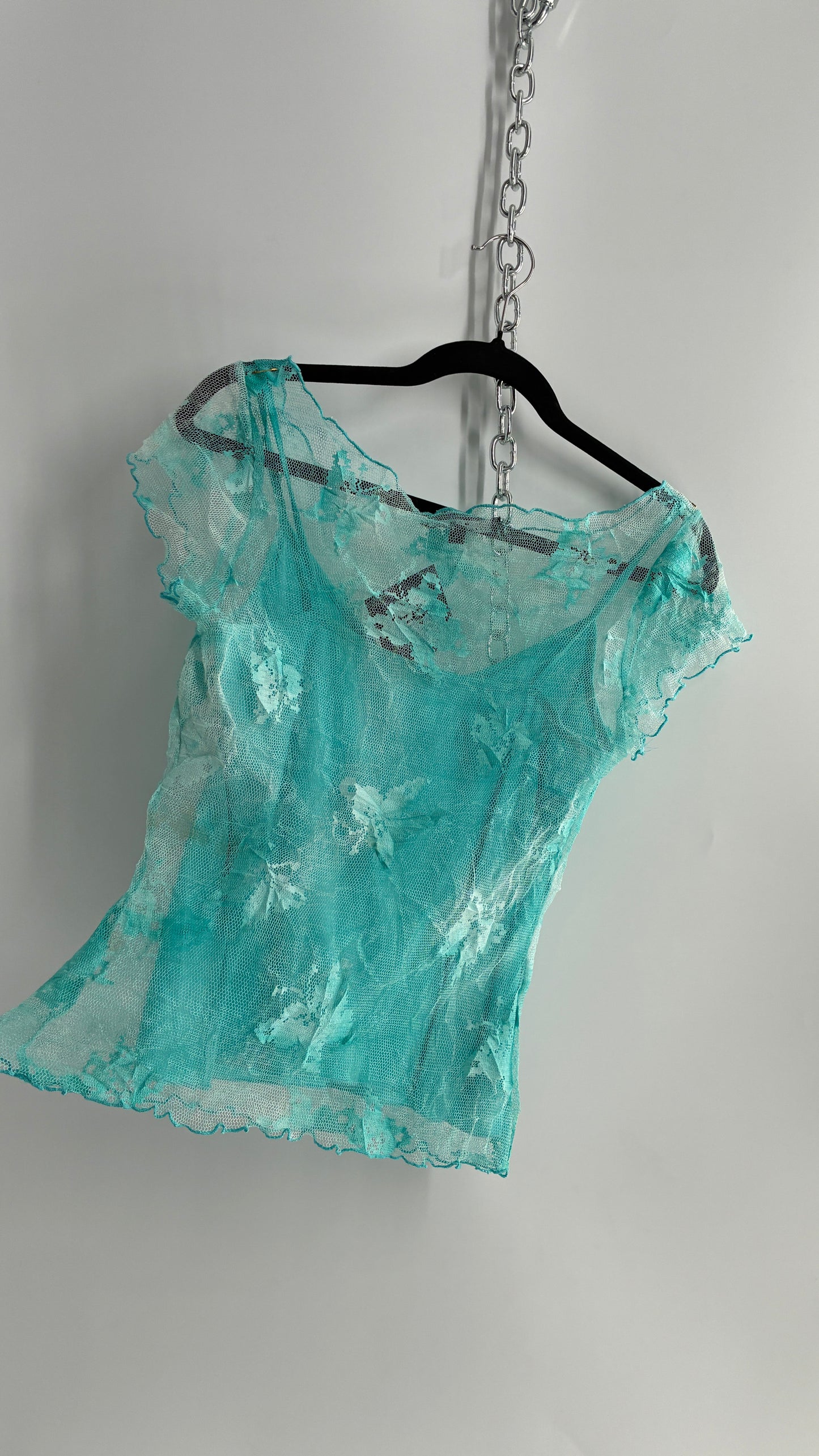 1990s VINTAGE Butterfly Baby Blue Mesh Blouse (Large)