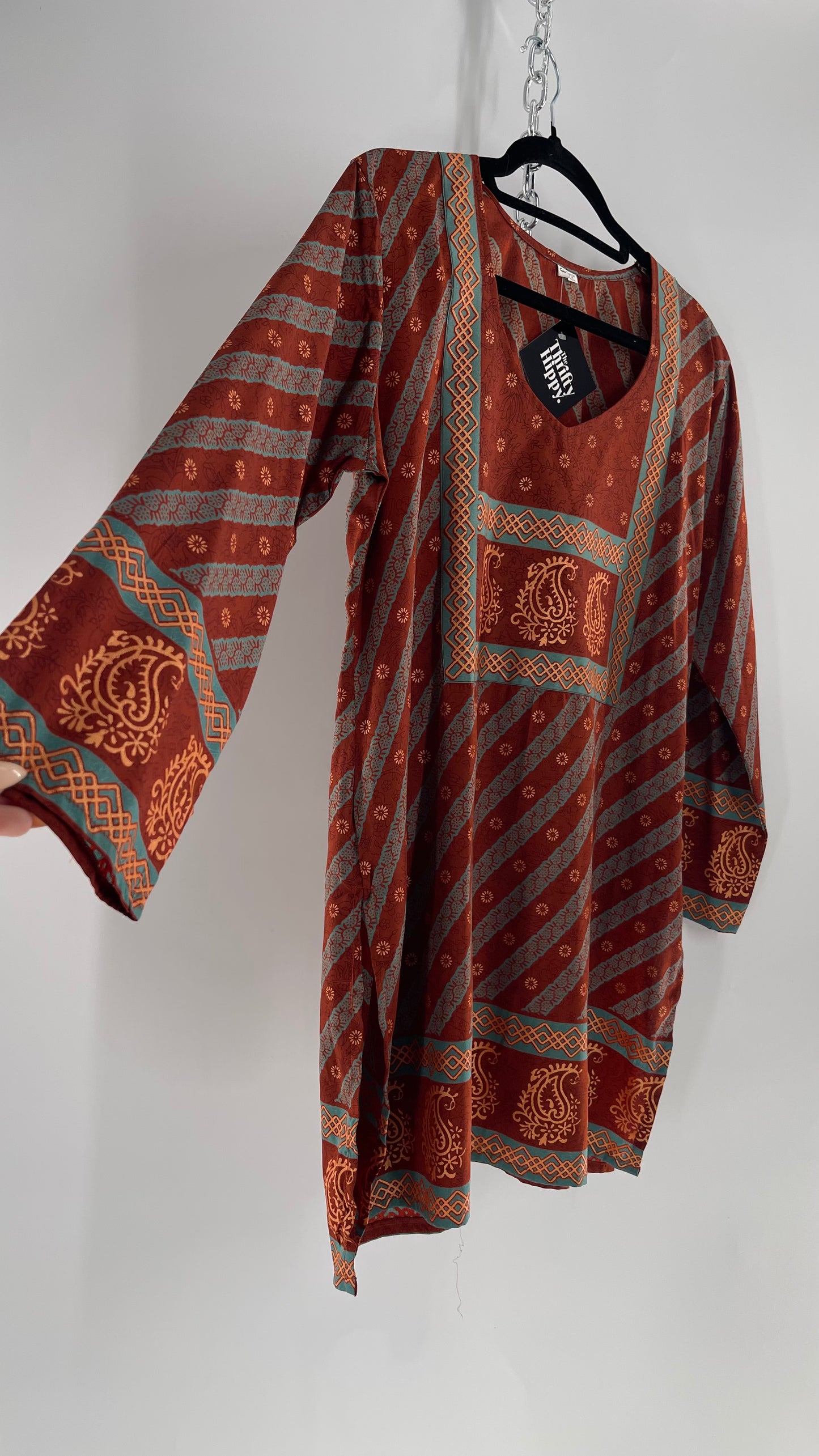 Vintage 1970s Indian 100% Silk Tunic Burnt Orange, Teal and Gold (40)