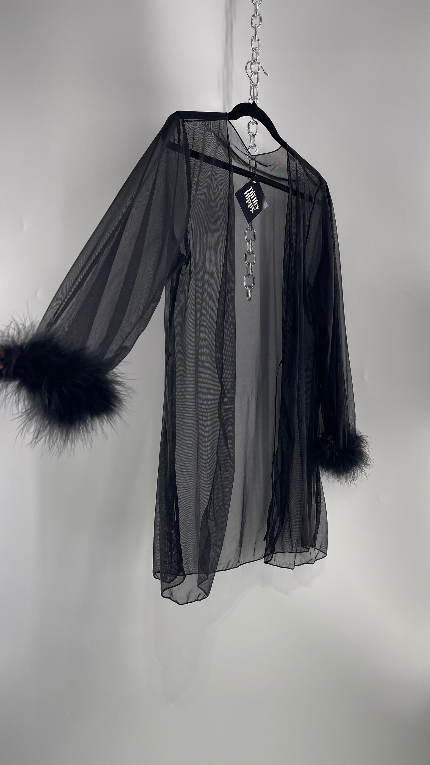 Black Mesh Long Sleeve Toss On with Feather Cuffs (Medium)