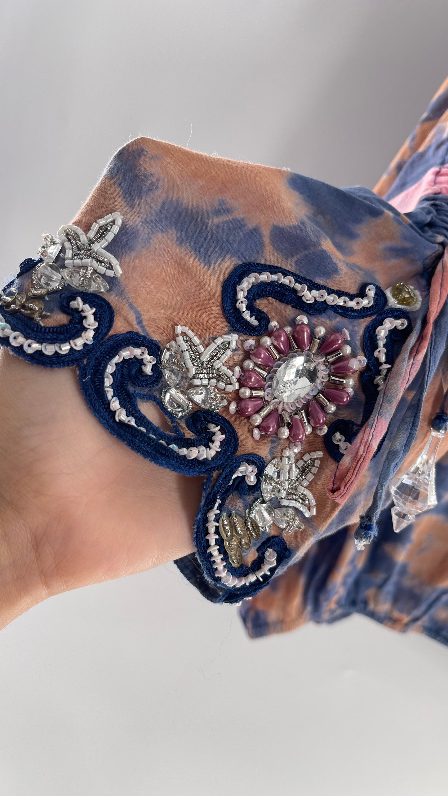TAJ by Sabrina Crippa Tie Dye Blouse with Gemstone Encrusted Neckline and Ruched Beaded Sleeves (S/M)