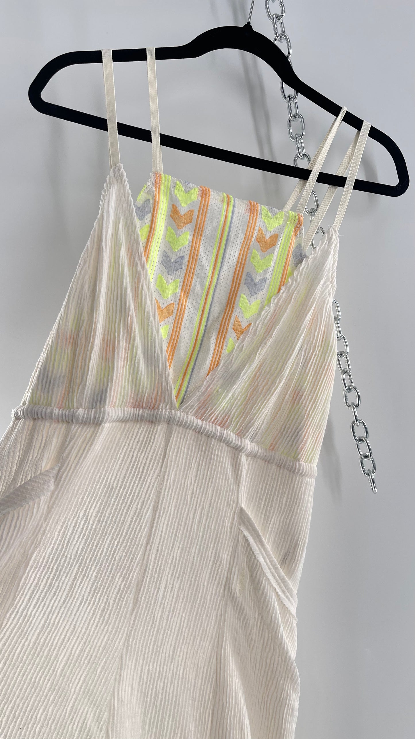 Free People Movement Cream Ribbed Jumpsuit with Yellow/Orange Embroidered Details and Waist Cinching Drawstring (Small)