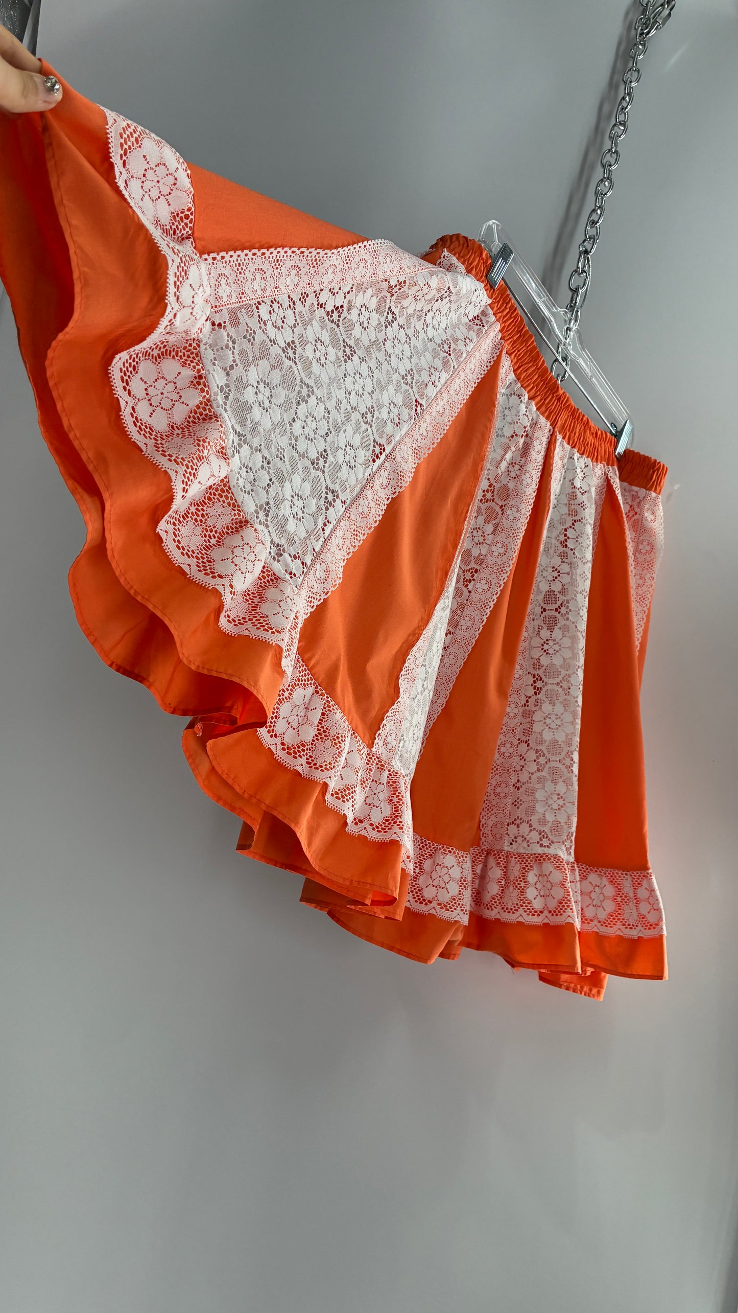 Vintage 1970s Handmade Sheer Lace Paneled Orange Mini Skirt (XL)