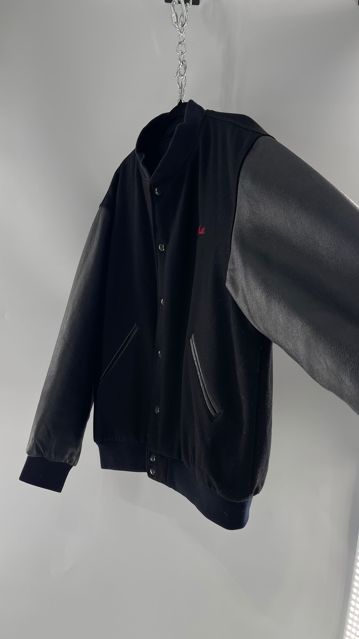 Vintage Somers Football Varsity Jacket with Leather Sleeves “Matt” Embroidery and Red Lettering (XL)