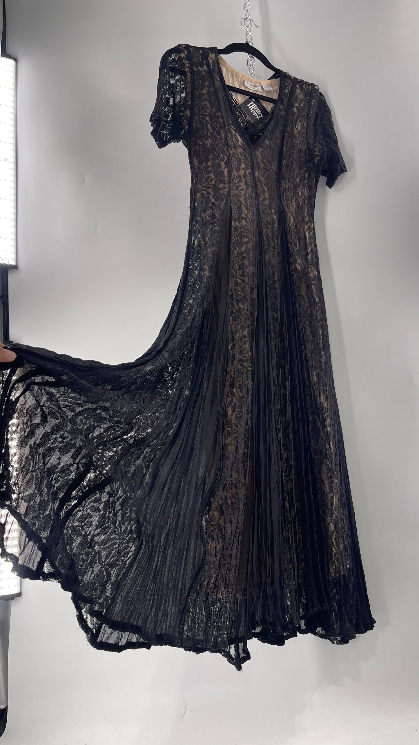 Nostalgia Vintage Black Lace Gown with Pleated Vents and Beige Underlay (Small)