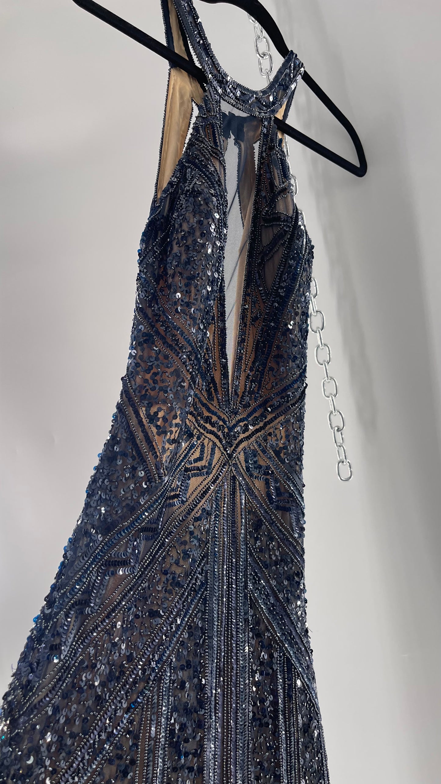 Vintage SCALA Navy Blue Beaded Floor Length Gown with Plunging Neckline, Backless Detail, and Tan Underlay (C)(4)
