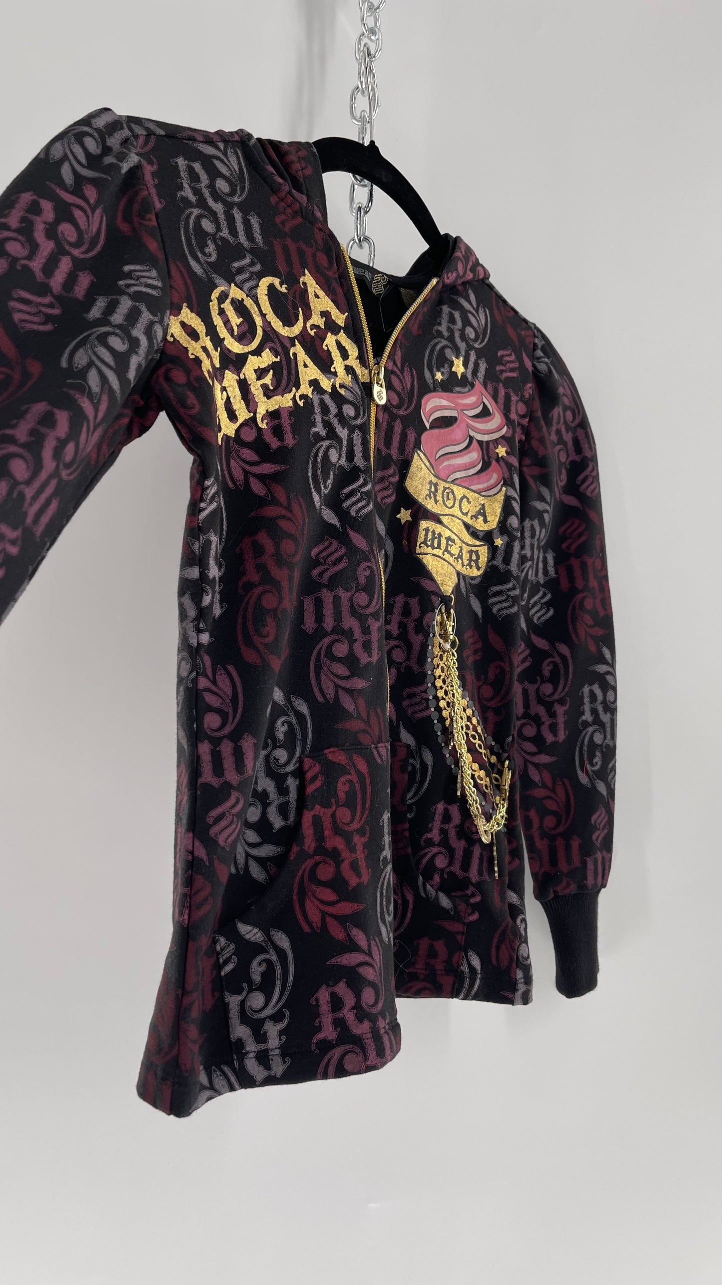 Vintage All Over Rocawear Logo Zip Up Hoodie with Gold Charm Chain and Silky Hood (XS/S)
