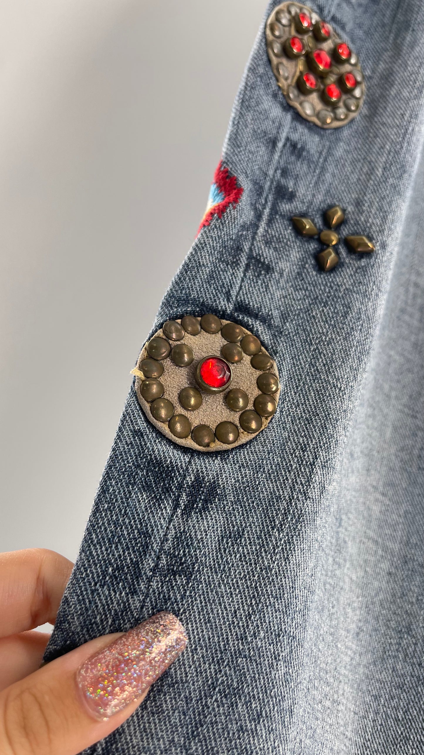 Western Denim Bank Light Wash Straight Legs with Gold/Bronze Metal Studs and Jewels (29)