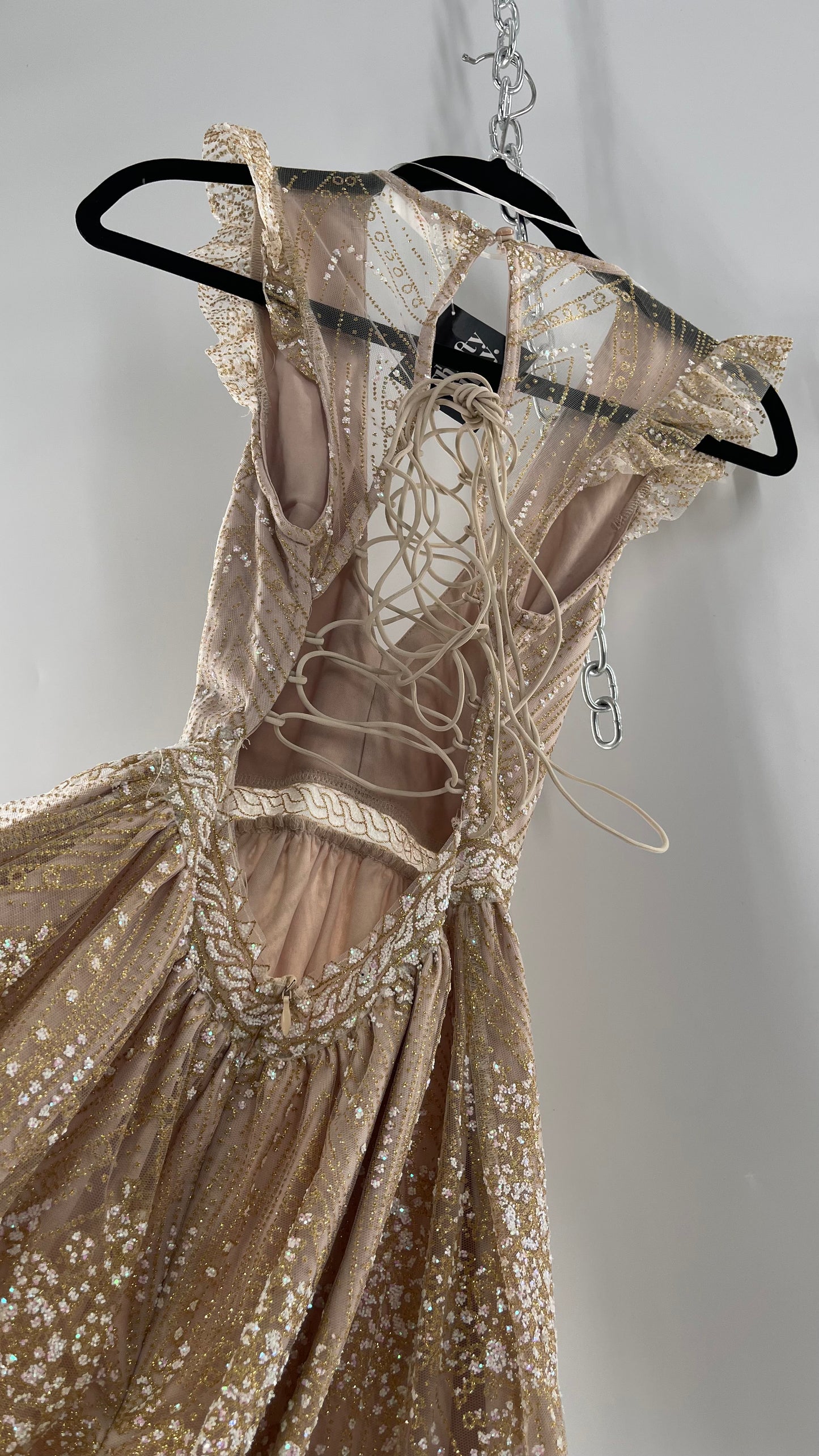 Hello Molly Fairy Sleeveless Chunky Iridescent Glitter Gold Mini Dress with Tie Up Back and Ruffle Sleeve (S)