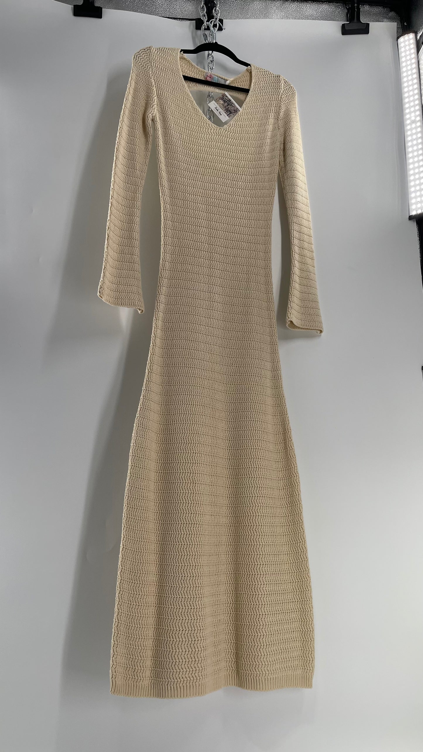 Free People Cozy Cream Knit Open Back Maxi Dress with Slight Bell Sleeve (Large)