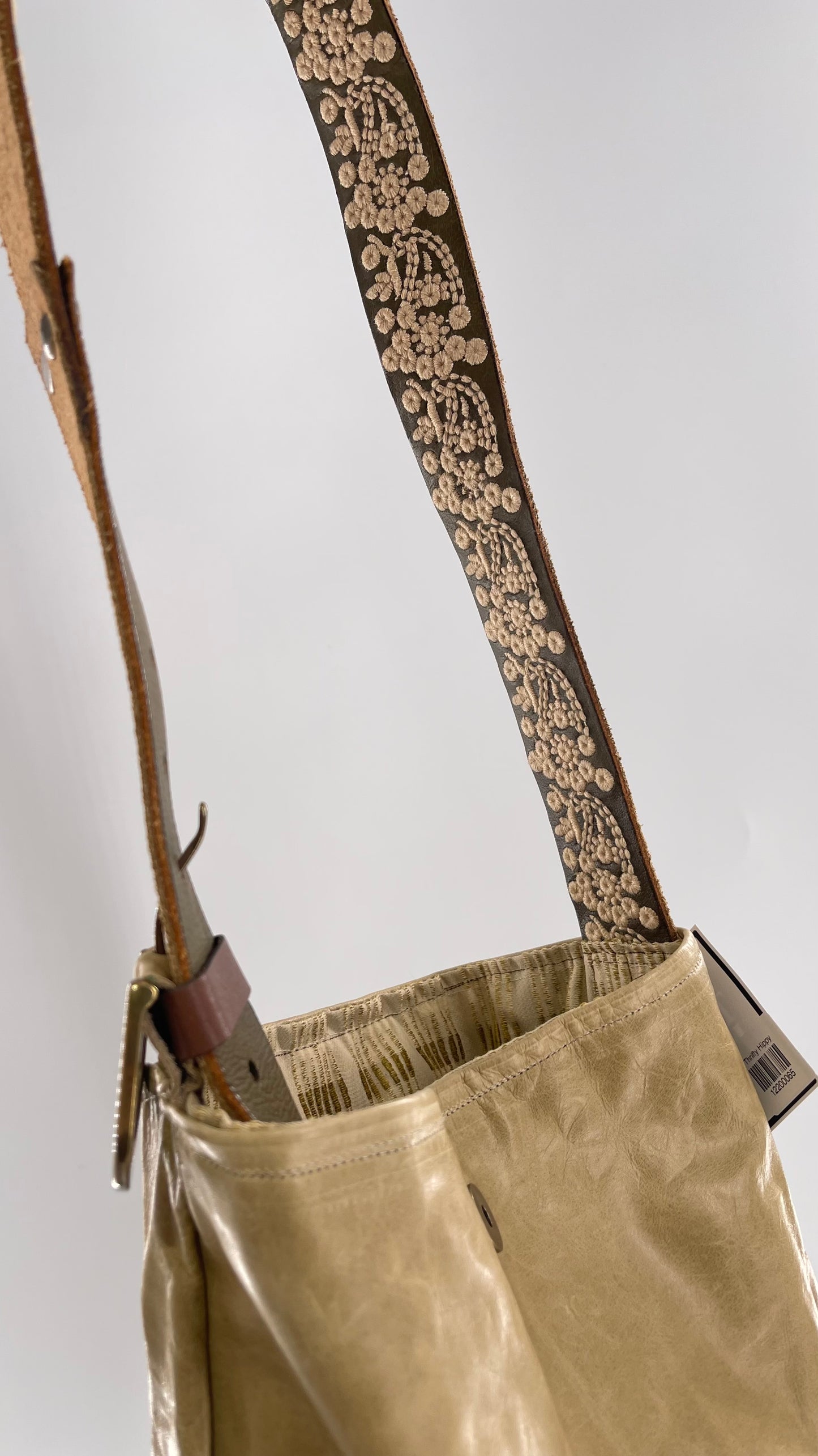 Tote with Embroidered Gold Exterior, Embroidered Leather Strap and Leather Interior - Shown Reversed