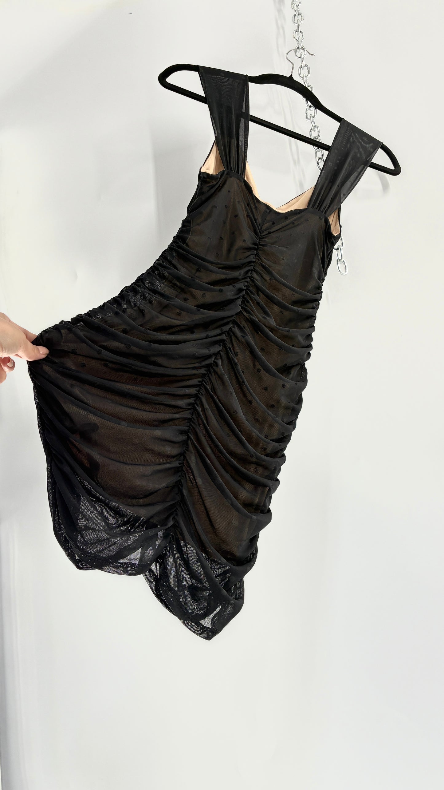 Urban Outfitters Nude Underlay Sheer Black Overlay Polka Dotted and Ruched Bodycon Mini Dress (XS)