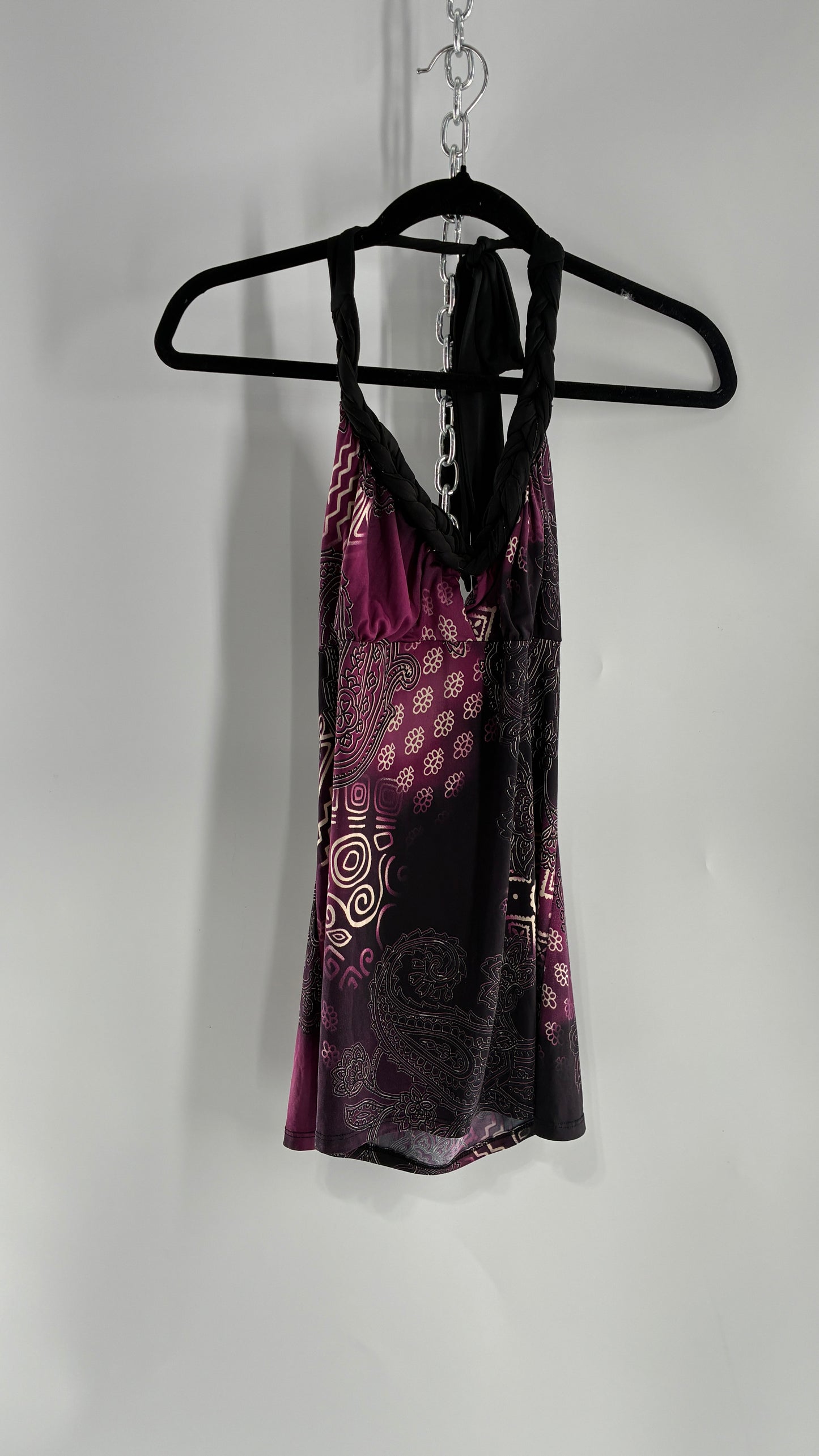 Vintage RUE 21 Purple Braided Halter Black and Purple Graphic (Large)