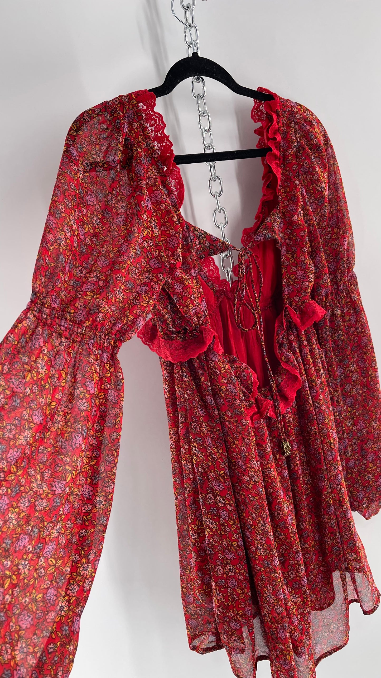 Free People Red Floral Mini Dress with Lace Trim, Open Back and Balloon Sleeves (Small)