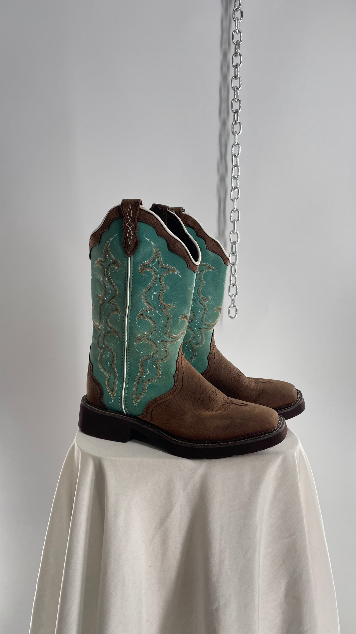 Vintage Justin Gypsy Brown Leather Turquoise Raya Cowboy Boots (8.5B)