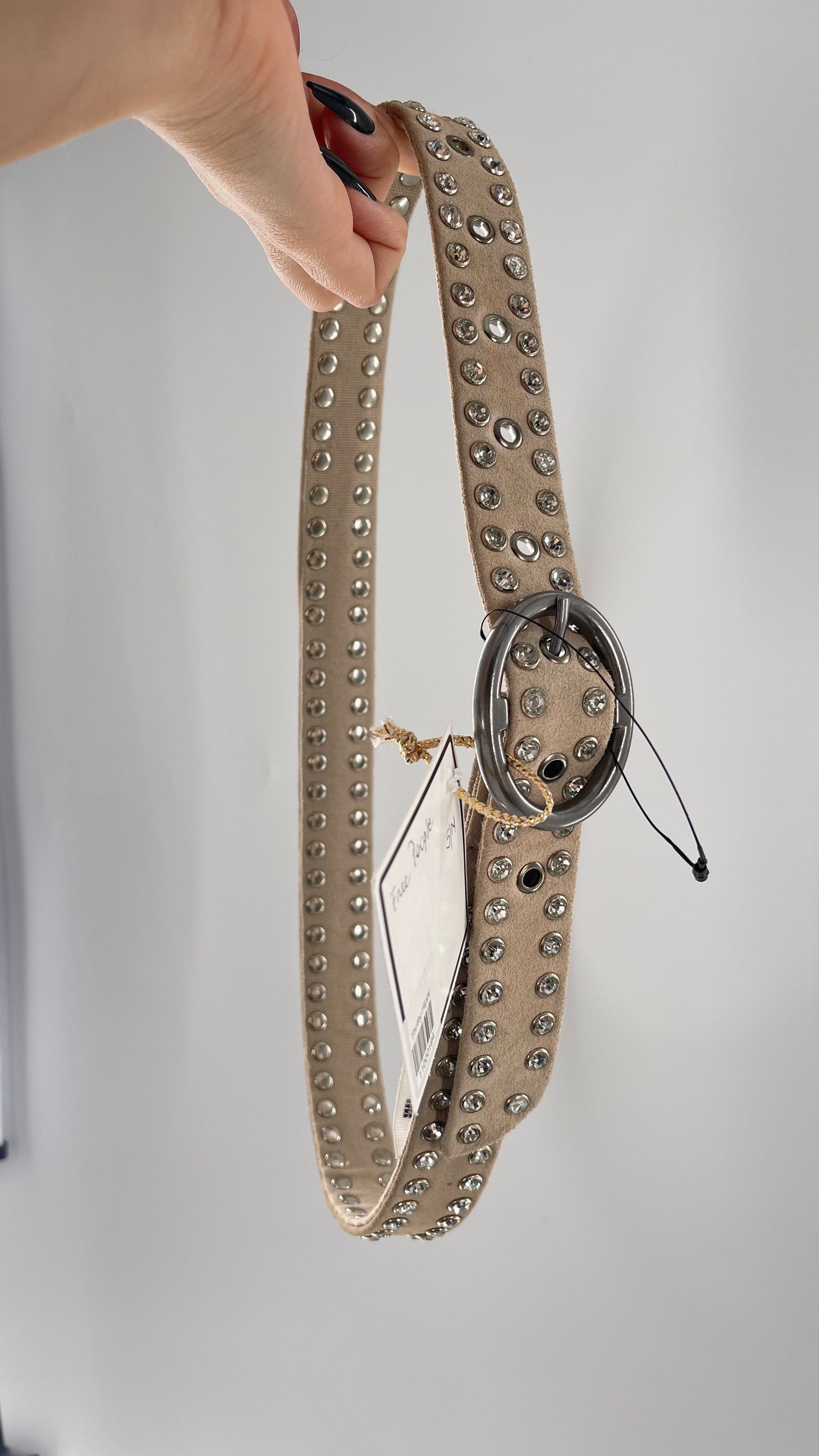 Free People Beige Leather Canvas Studded Rhinestone Crystal Studded Belt with Heavy Metal Buckle (S/M)