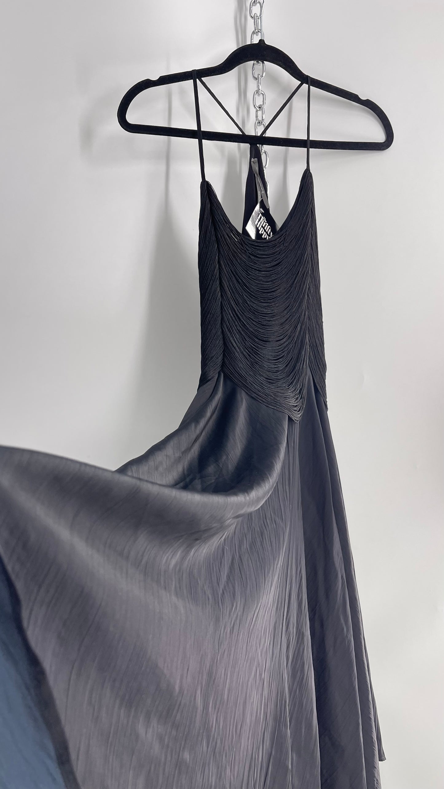 Anthropologie Black Handkerchief Hem Midi Dress with Heavy Draped Rope Bodice (4)