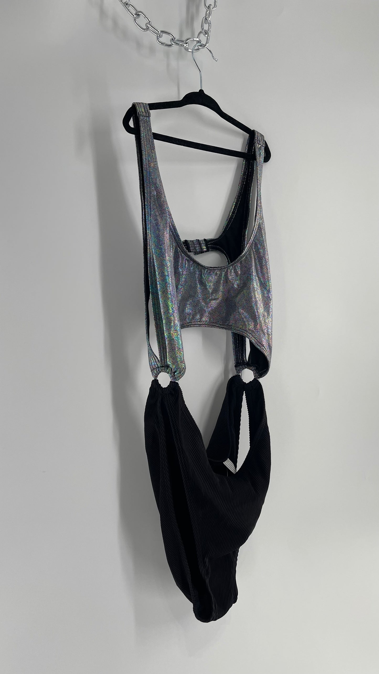 Urban Outfitters Out From Under Bathing Suit Metallic Gas Spill Top and Ribbed Black Bottom Connected by Rings (Large)