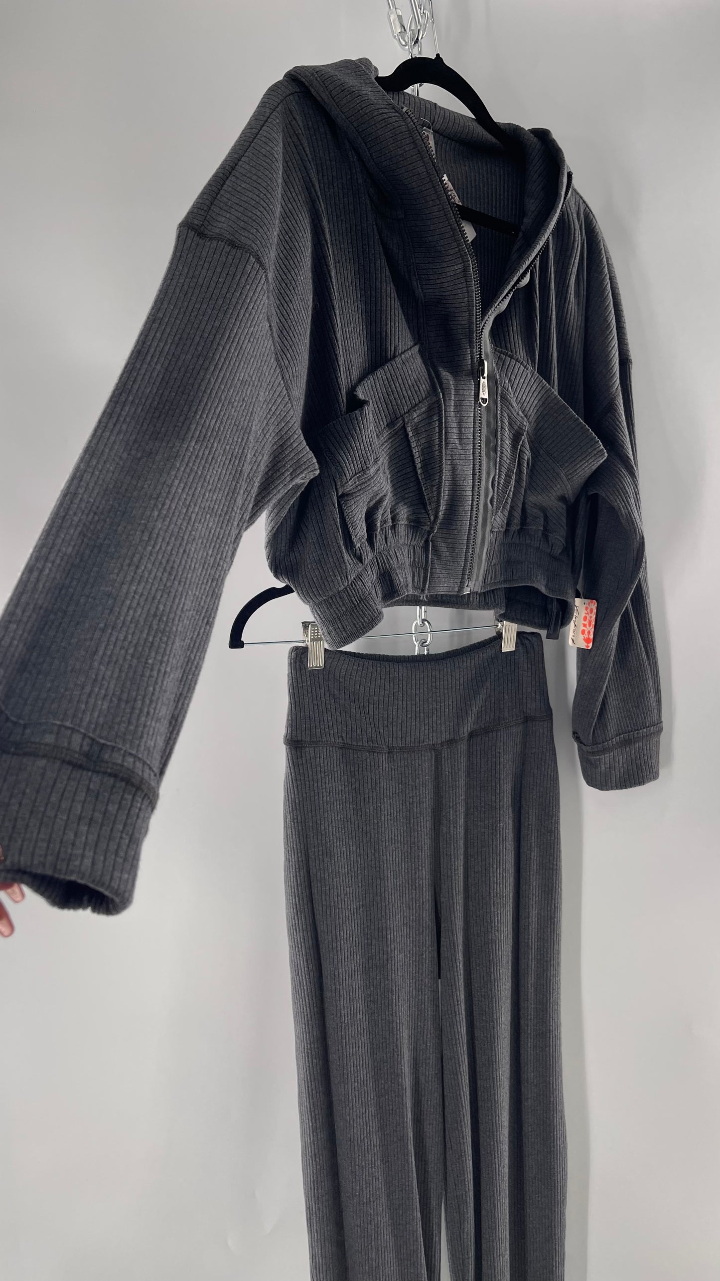 Free People Charcoal Slate Gray 2 Piece Set with Cropped Hoodie and Jogger Sweats with Tags Attached (XS)