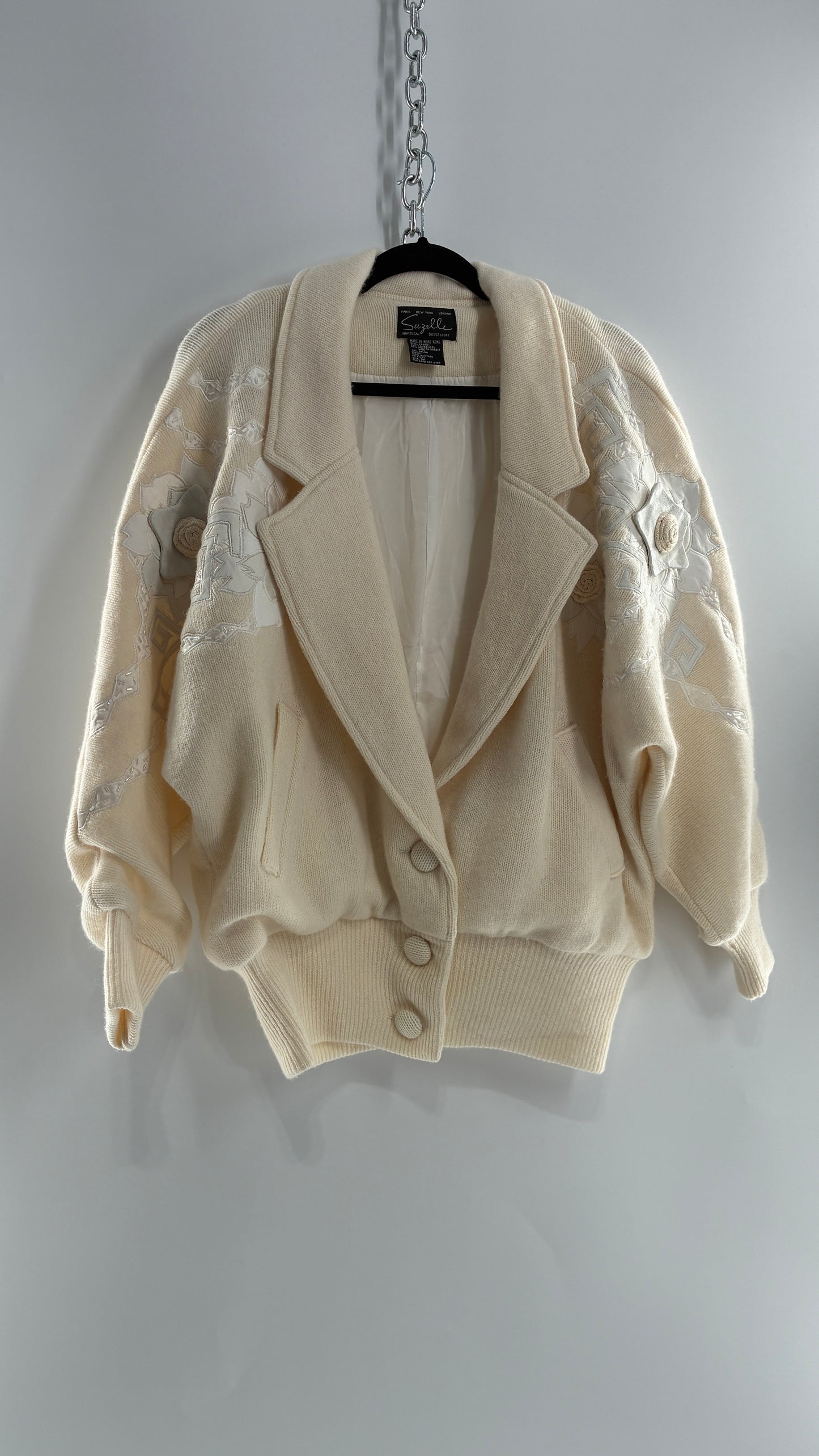 Vintage SUZELLE 70% Lambswool, 20% Angora Rabbit Off White Woven Bomber Jacket with Leather Flower Appliqués (Medium)