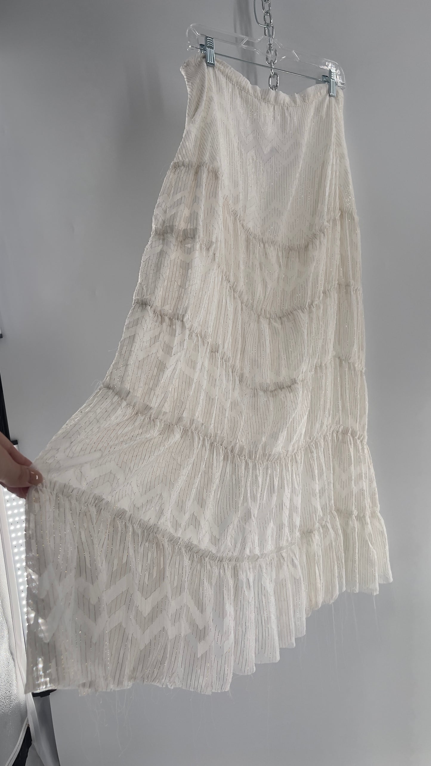 Free People Raw Edge Hem White Gold Tinsel Skirt with Ruffle Side Slit (Small)