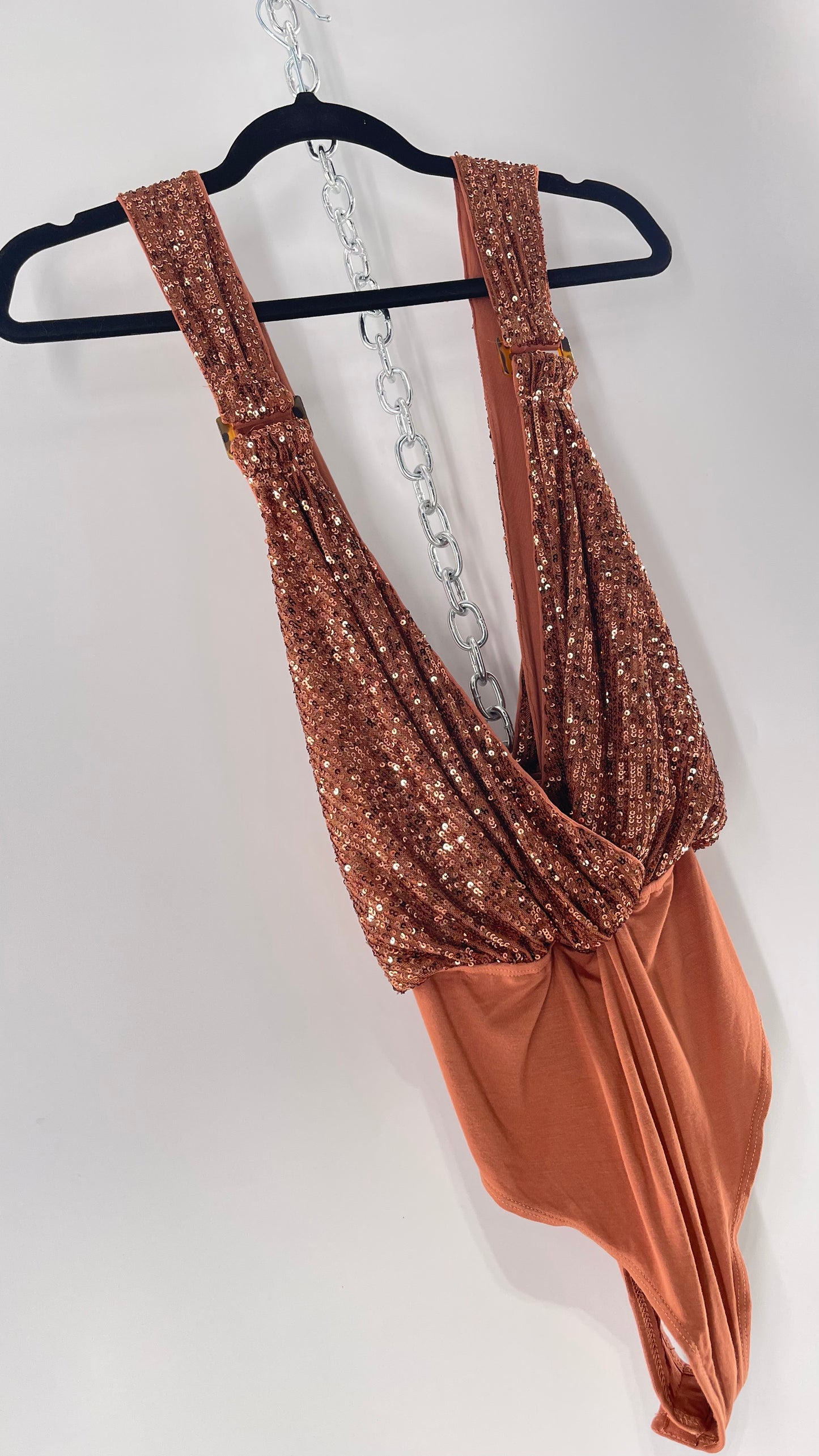 Free People Copper Sequin Draping Bodysuit with Tortoise Shell Buckle Detail (Medium)