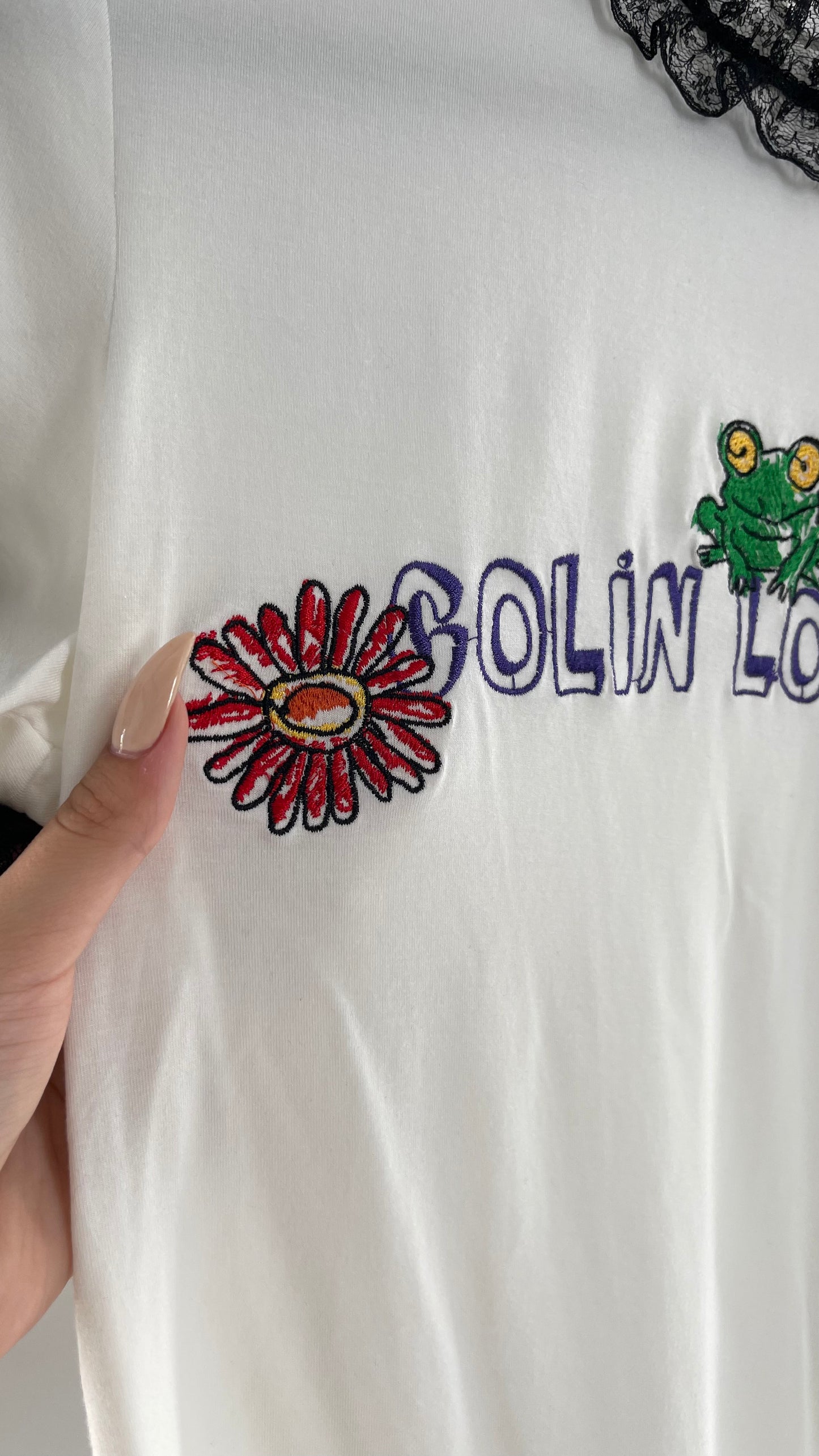 Colin Locascio Tannie T Shirt White Black Lace Ruffle Sleeves Frog Embroidery (Small)