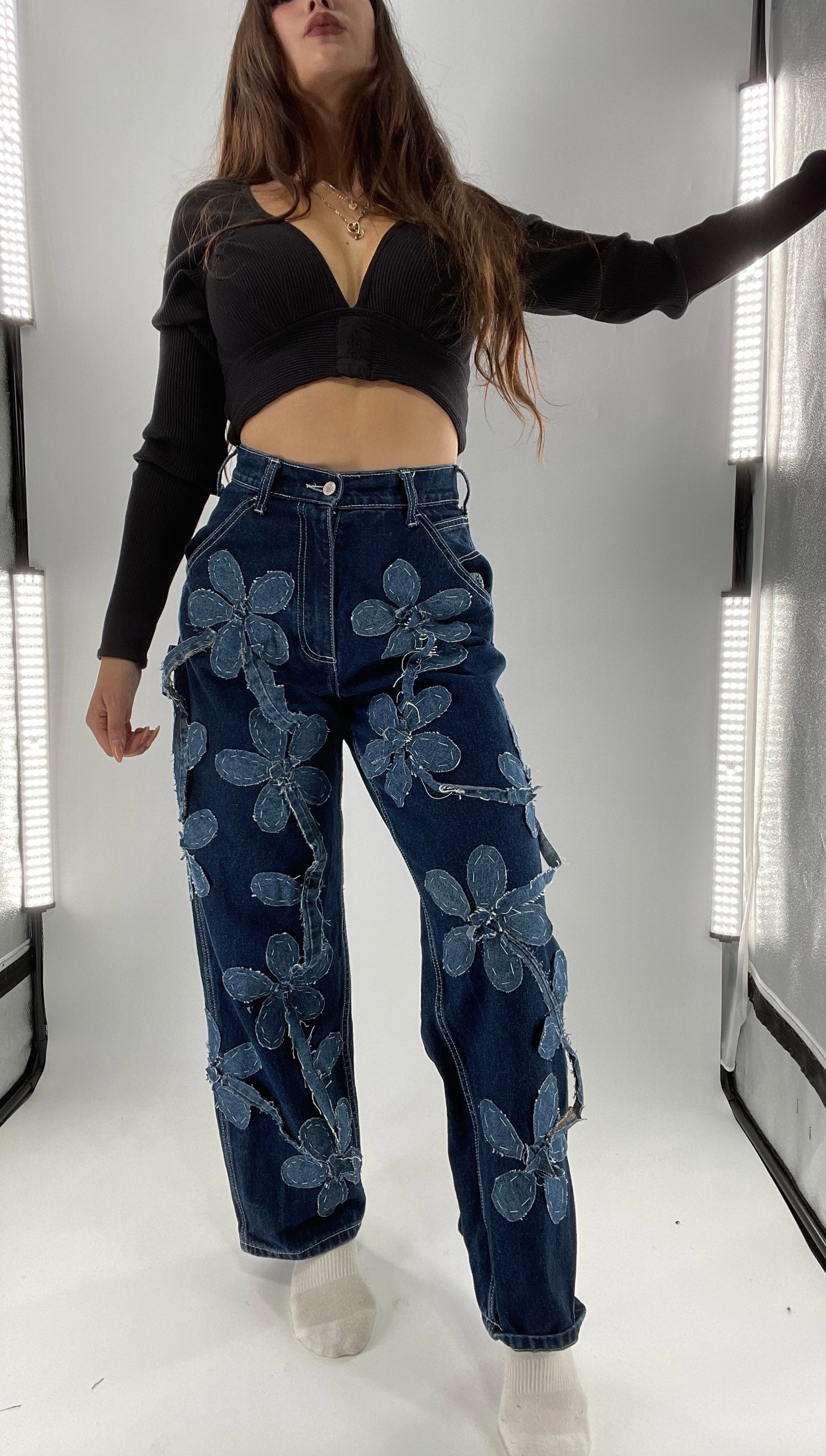 Handmade CUSTOM Dual Denim Tone Floral Vine Cargo Denims (S)