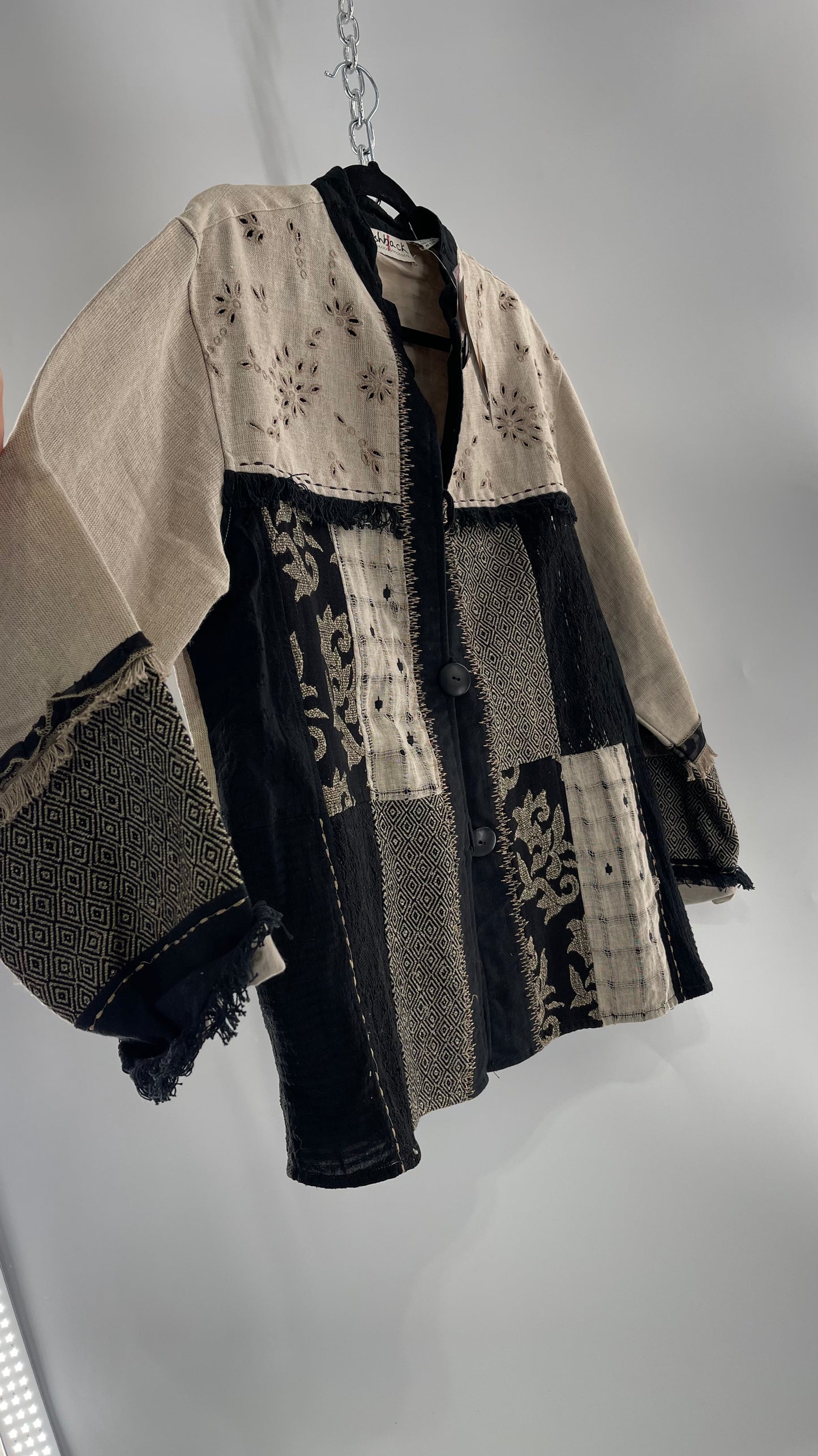Deadstock Vintage Flashback Patchwork Coat with Mixed Neutral Fabrics, Embroidery and Fringe Details (Large)