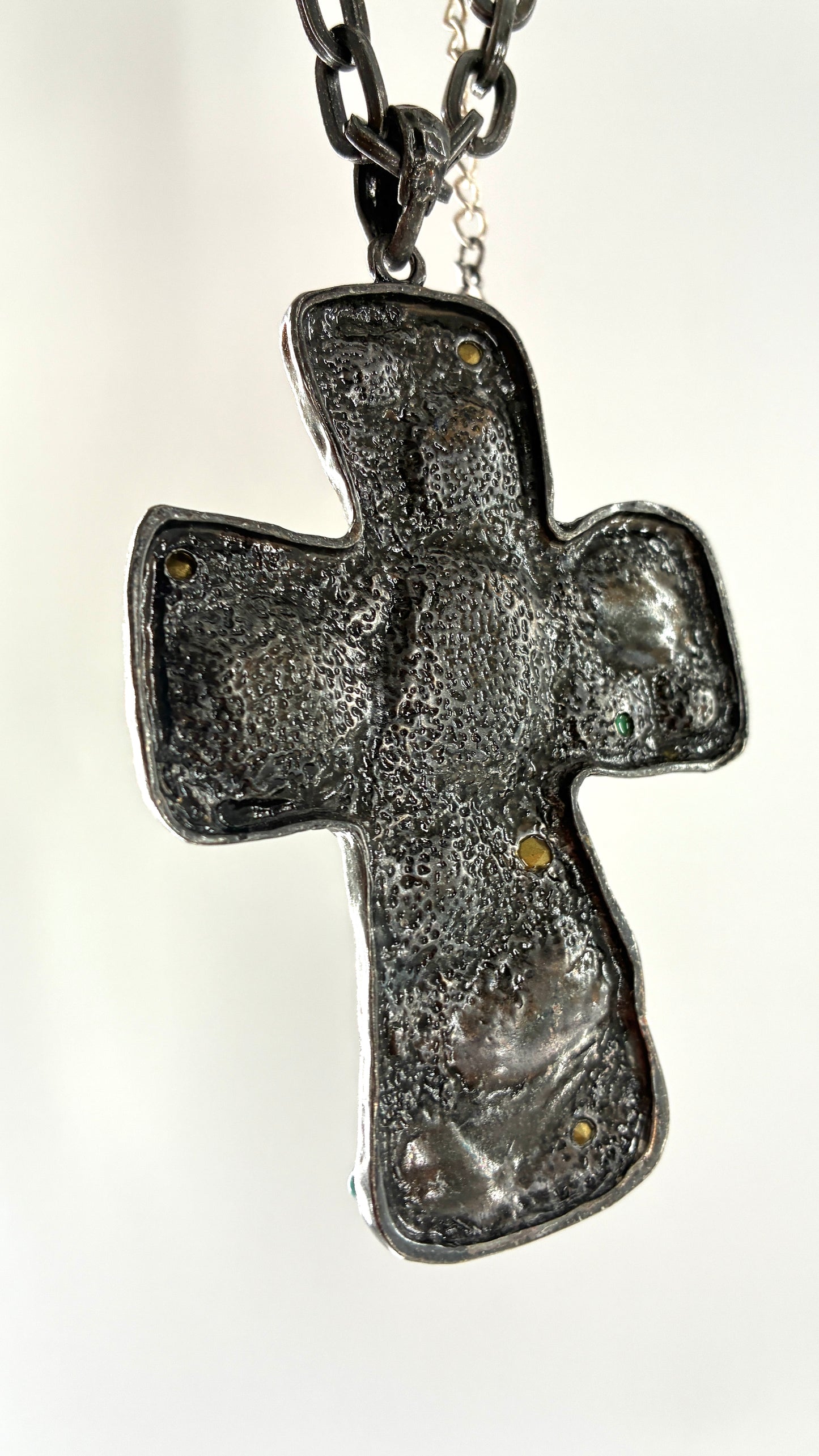 Vintage Heavy Metal Cross Necklace with Soldered Turquoise Stones and Rhinestones