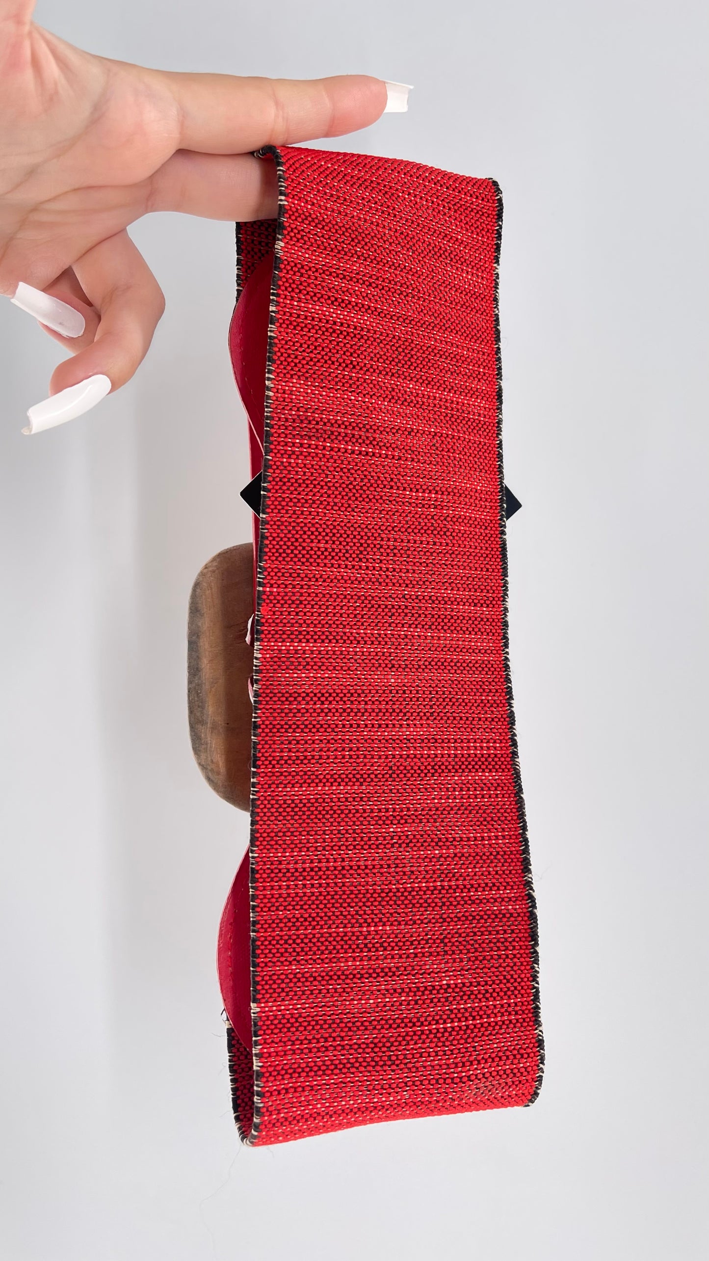 Vintage Red Leather Scrunch/Elastic Wooden Buckle Belt (XS/S)